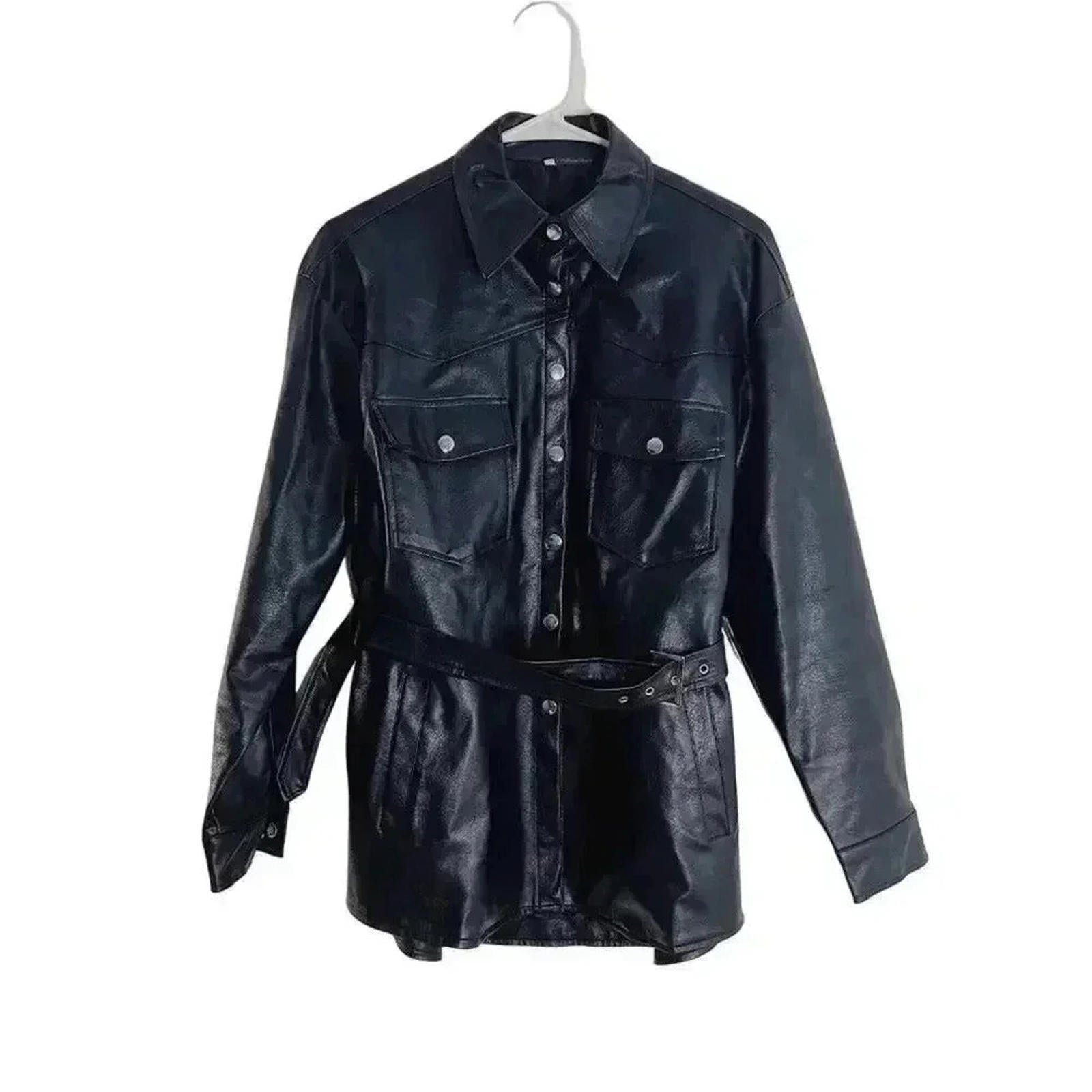 Faux Leather Button Up Jacket Belted Women's Size S by Hot Girl Secondhand