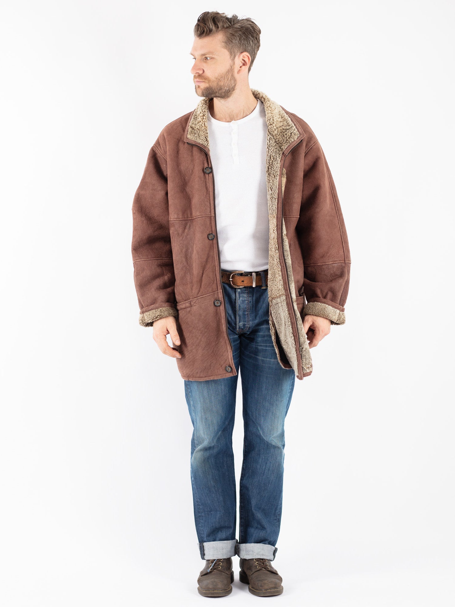 Vintage 80's Men Sheepskin Coat in Brown by Northern Grip