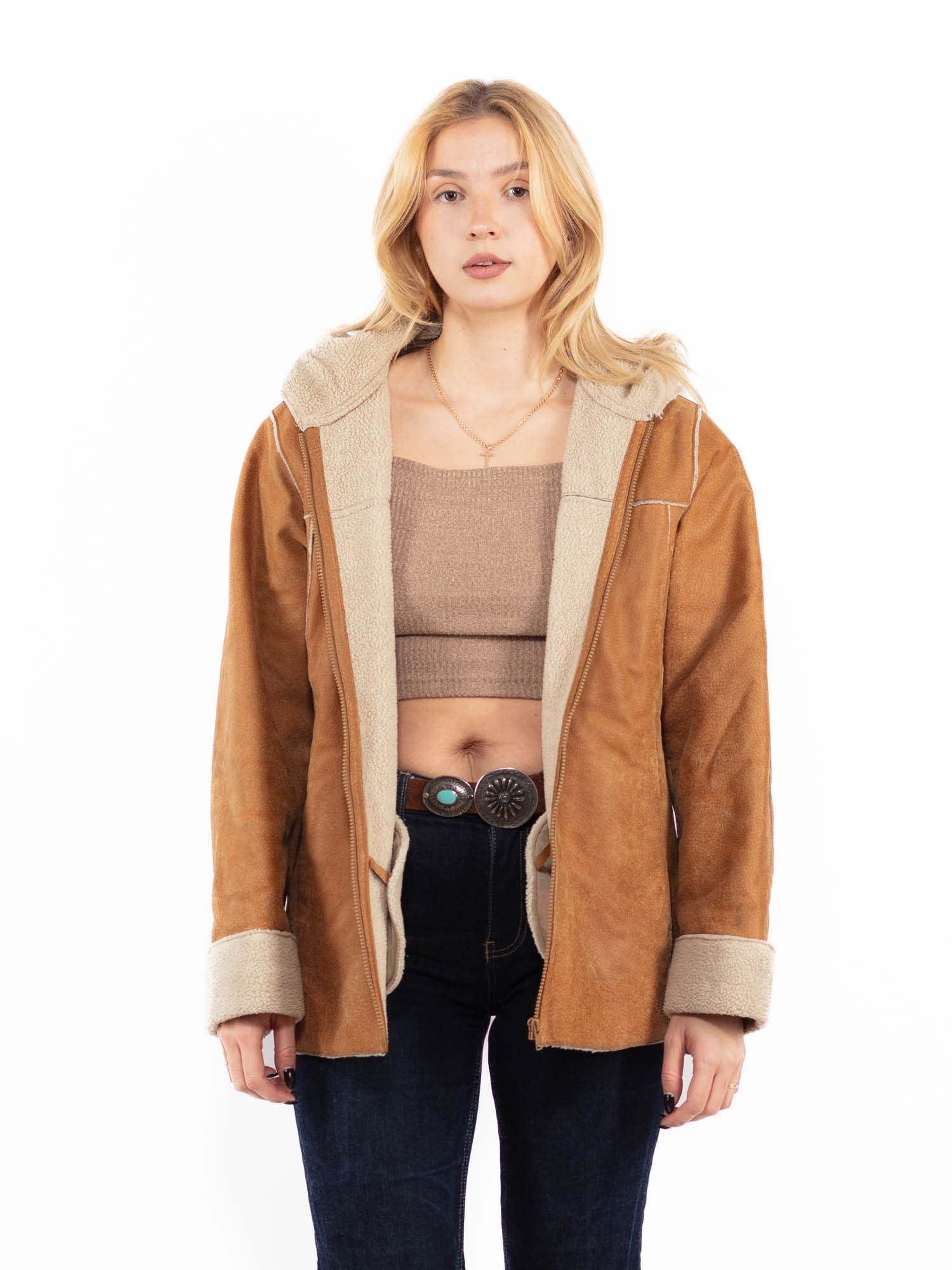 Vintage 90's Women Hooded Suede Sherpa Jacket in Brown by Northern Grip