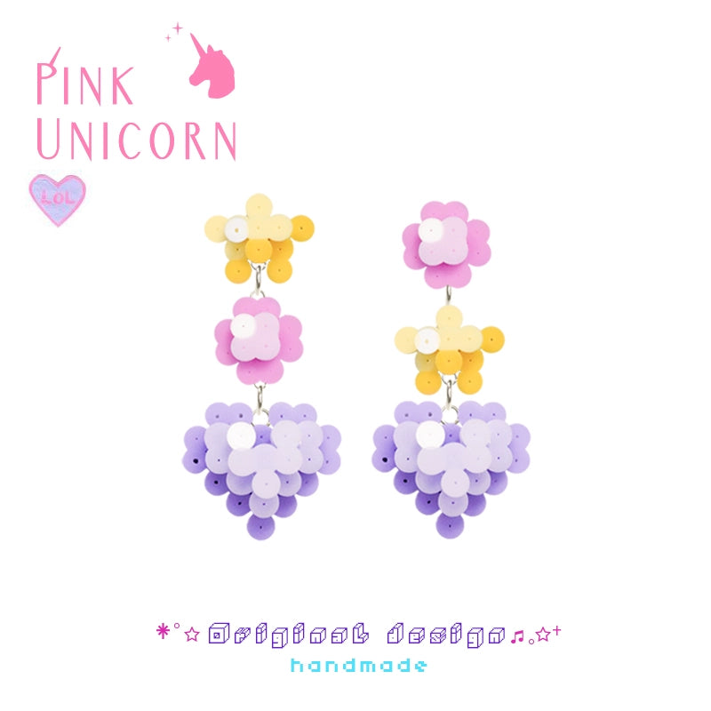 Kawaii Decora Kei Harajuku Fashion - Pink Unicorn Mosaic Flower Earrings by Land Decora