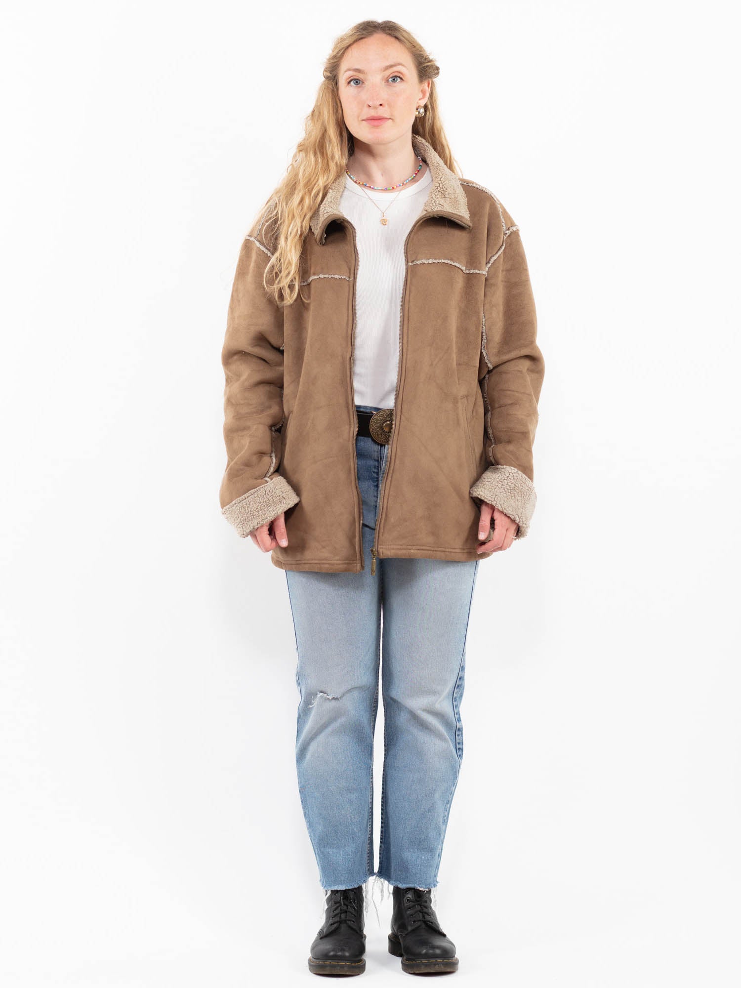 Vintage 00's Women Faux Sheepskin Jacket in Beige by Northern Grip