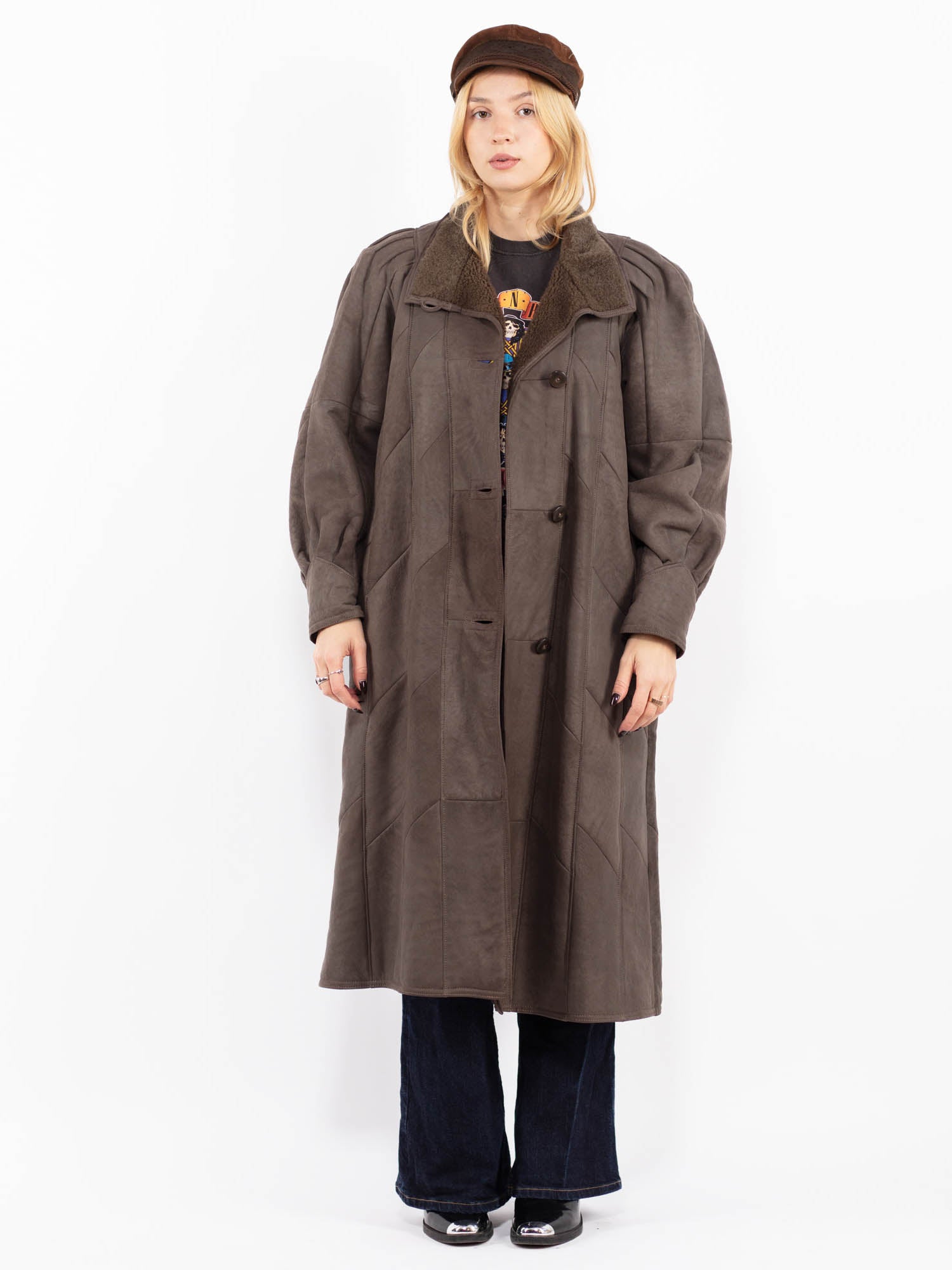 Vintage 80's Women Sheepskin Long Coat in Brown by Northern Grip