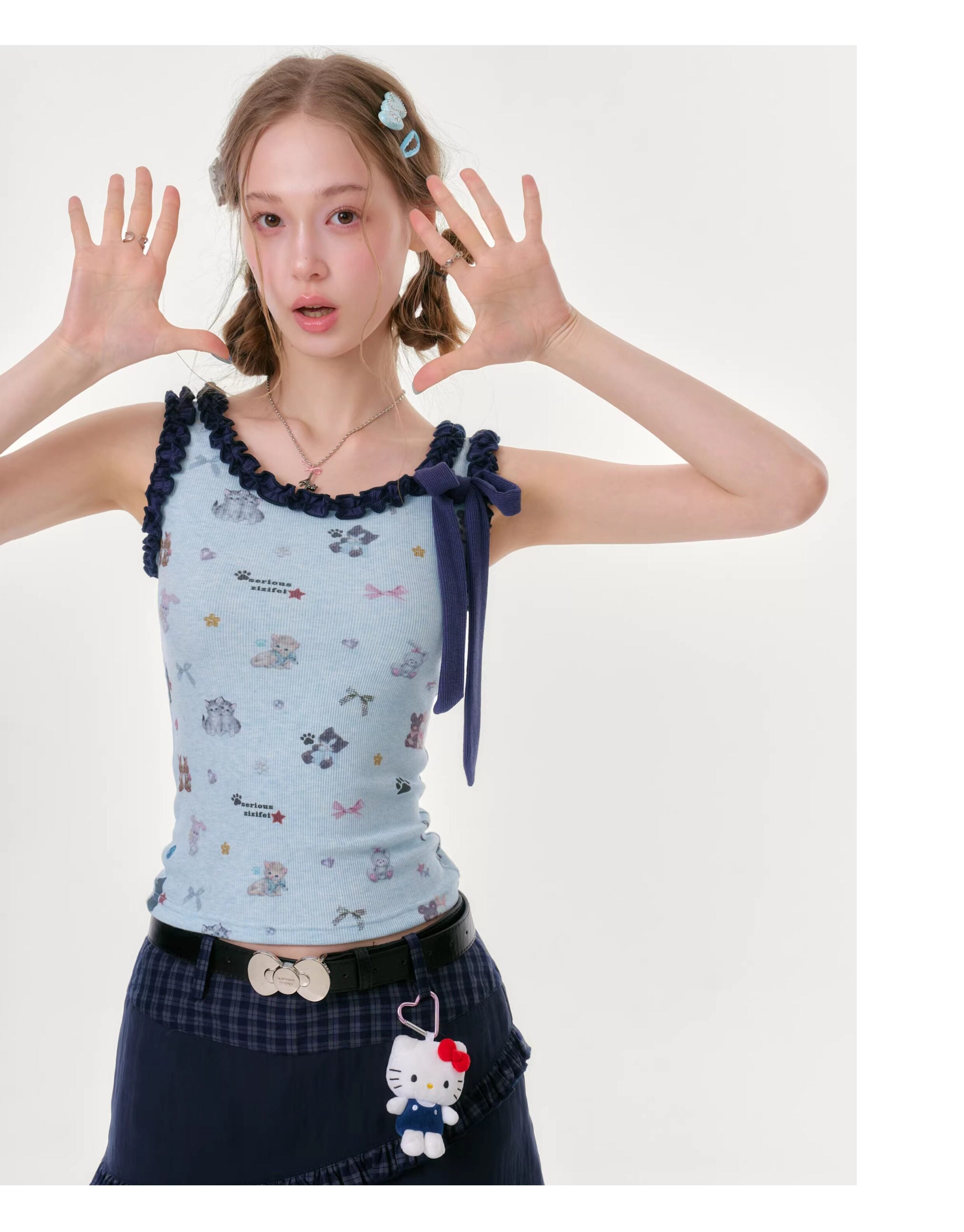 Cat Print Ruffle Cami Top - ziziFei by Land Decora