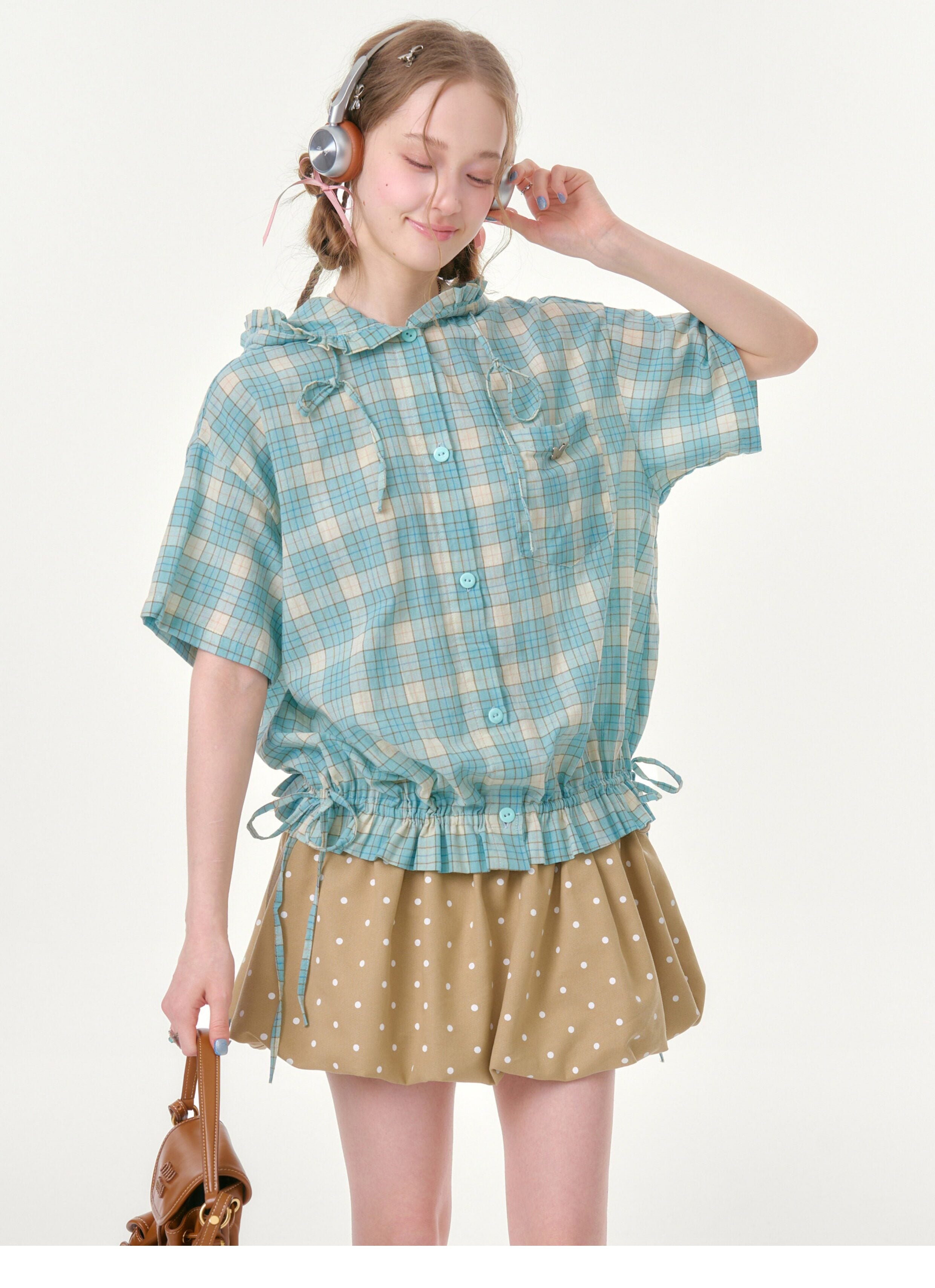 Kawaii Plaid Hooded Shirt - ziziFei by Land Decora