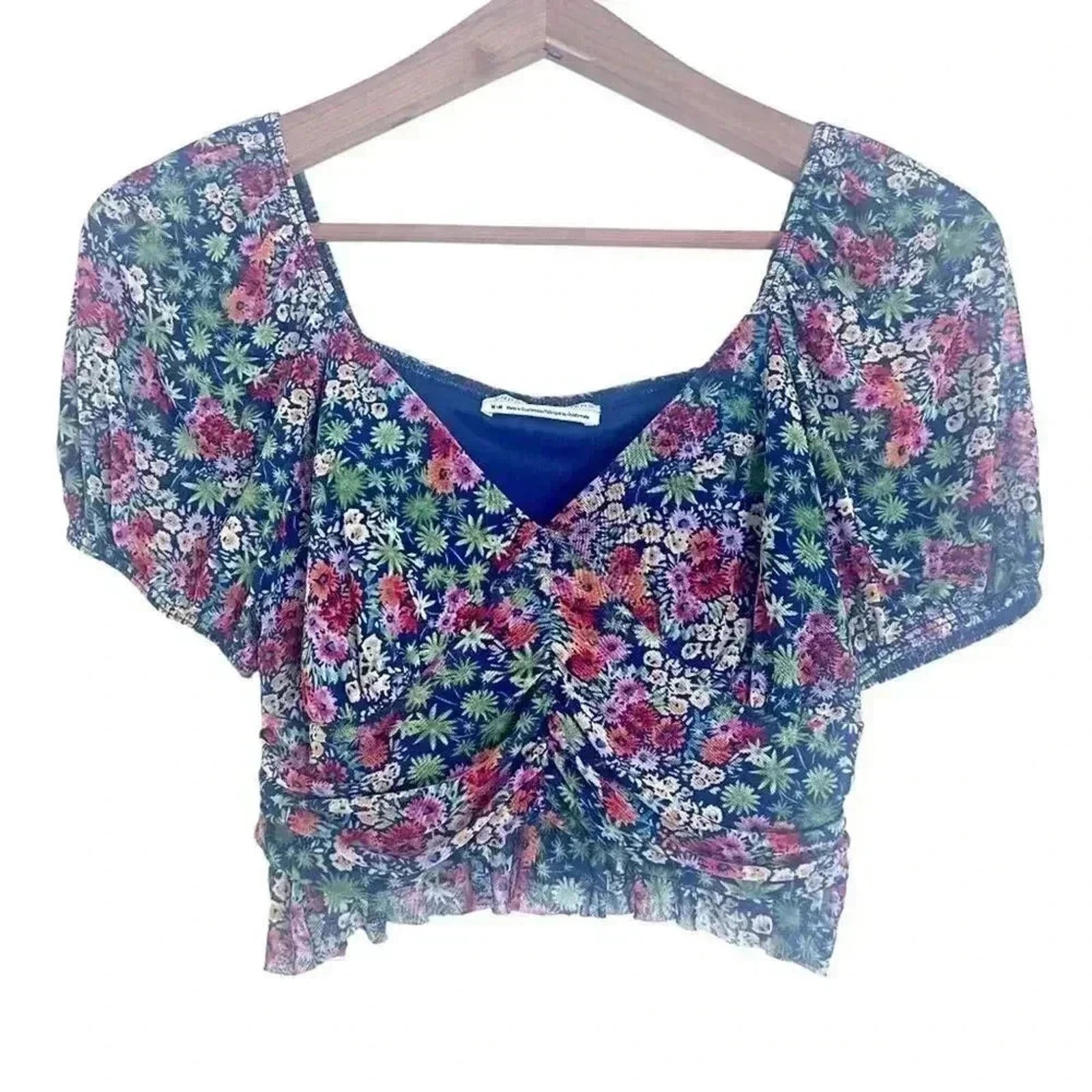 Urban Outfitters UO Navy Blue Pink Green Floral Mesh Crop Ruched Top S by Hot Girl Secondhand