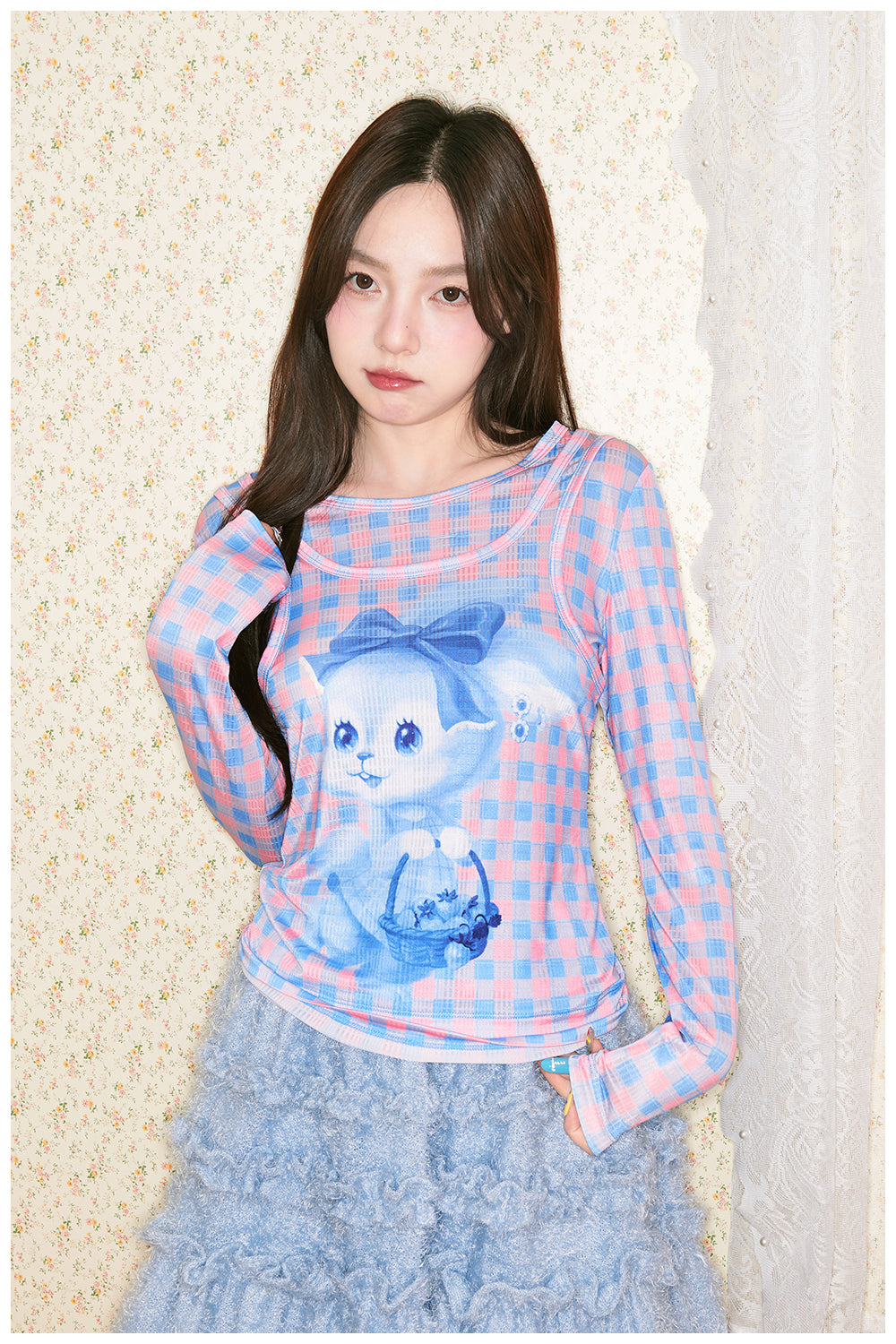 Bunny Floral Plaid Slim Fit Layered Top - tntntutu by Land Decora