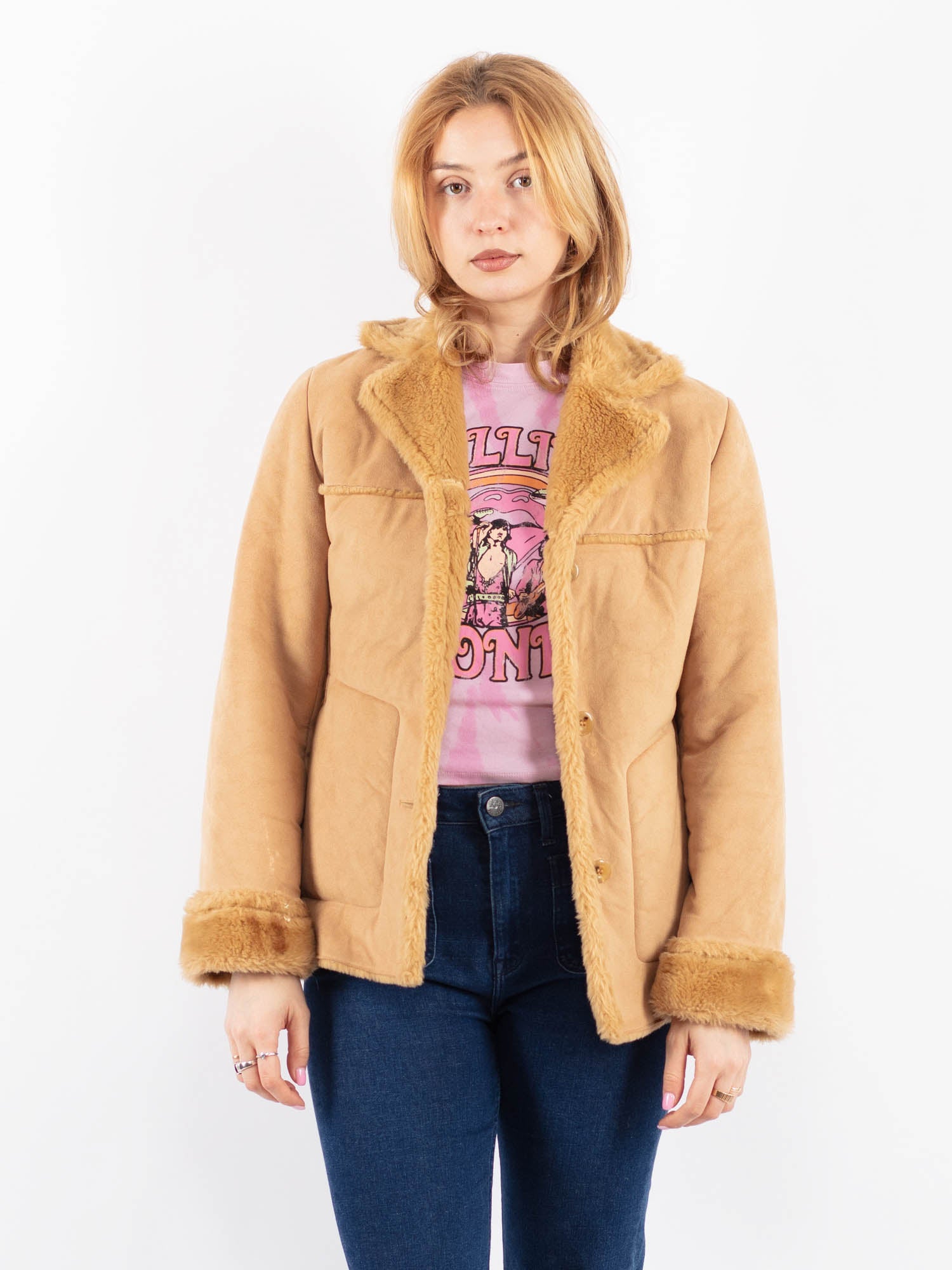 Vintage 00's Women Faux Sheepskin Jacket in Beige by Northern Grip