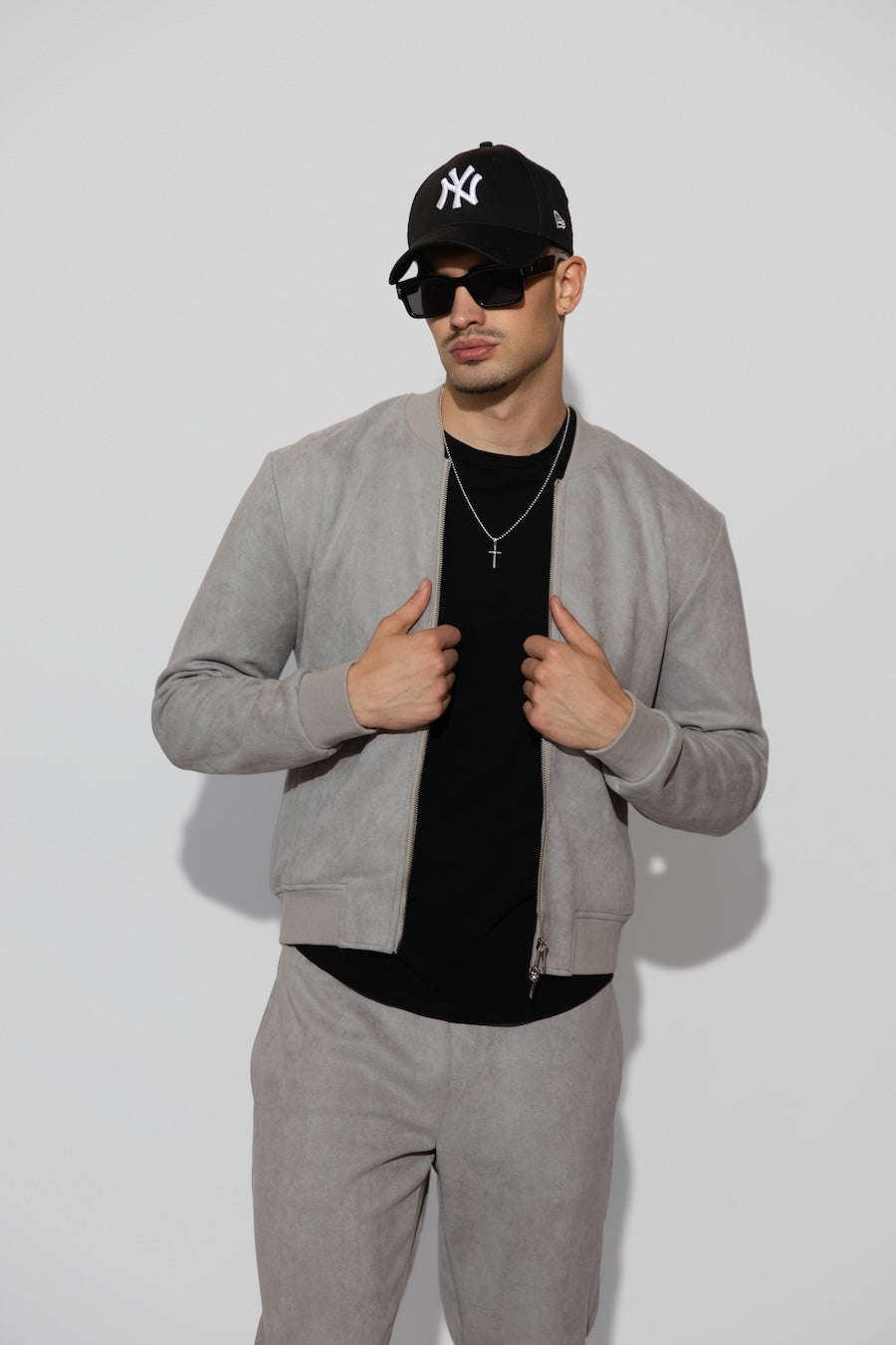 Maverick Butter Suede Cool Grey Stretch Bomber Jacket by MONFRERE