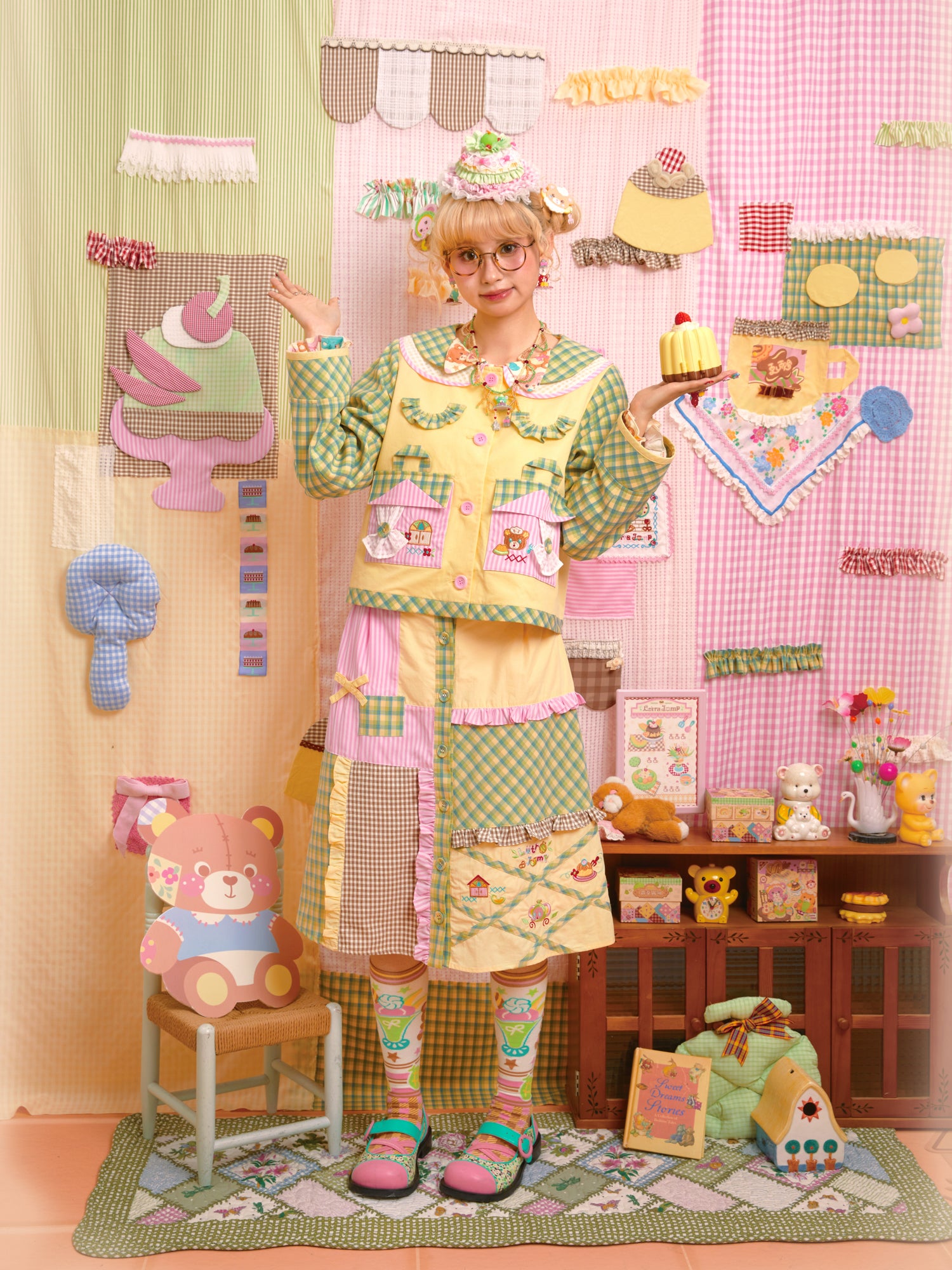 Decora Kei Melon Patchwork Embroidered Jacket & Skirt Set - Cute Plaid Bow - Lutra Jump by Land Decora