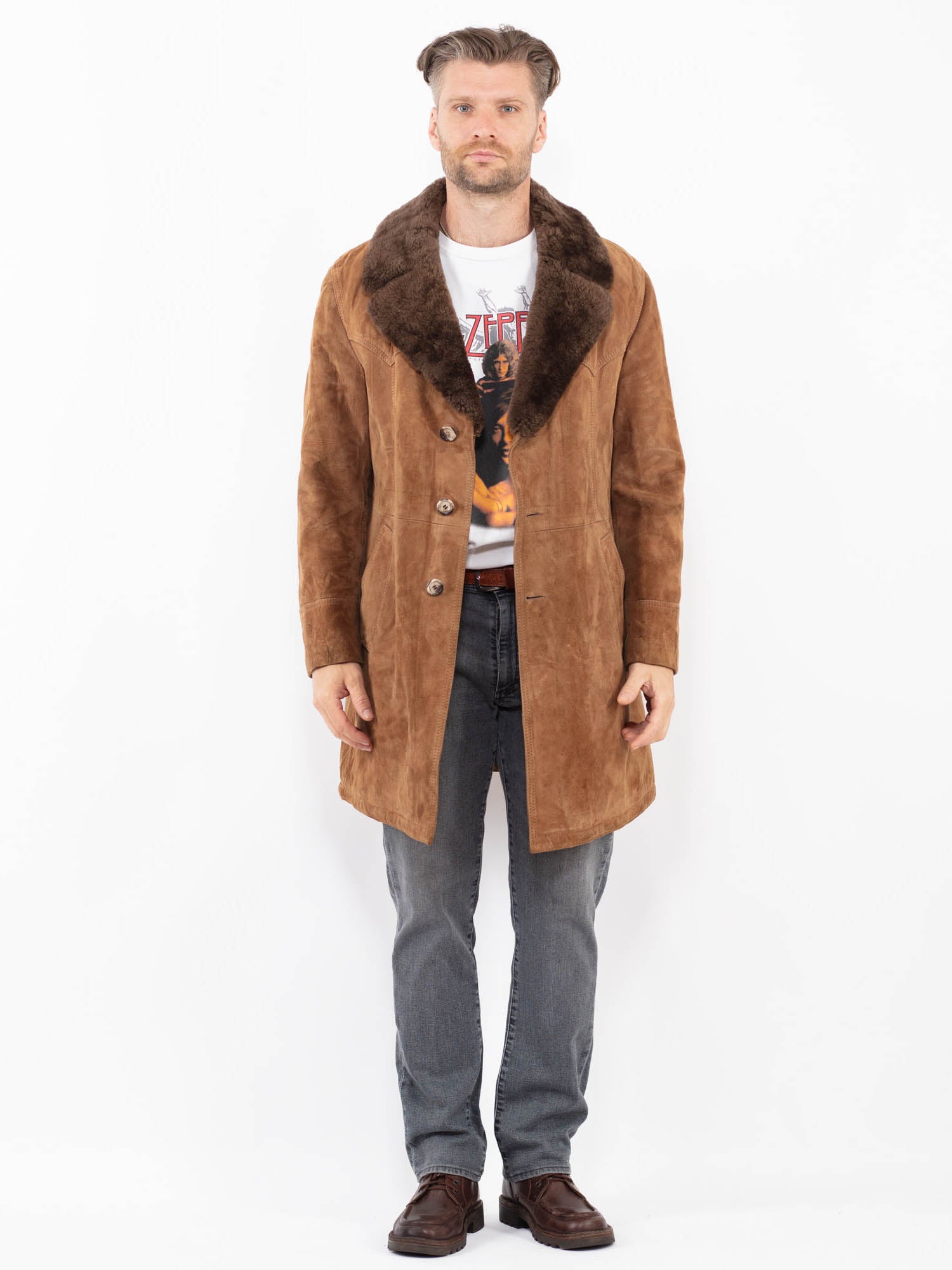 Vintage 70's Men Suede Sherpa Coat in Brown by Northern Grip