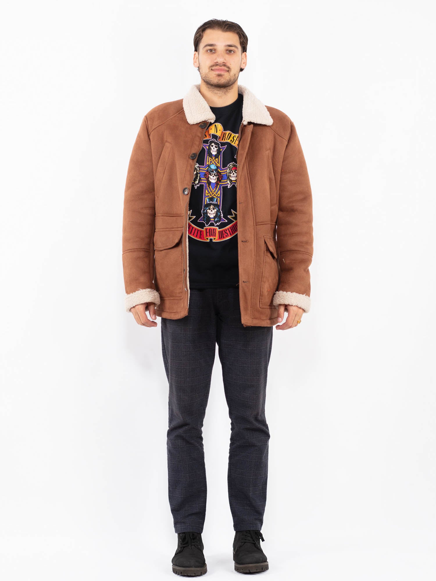 Vintage 00's Men Faux Sheepskin Coat in Brown by Northern Grip