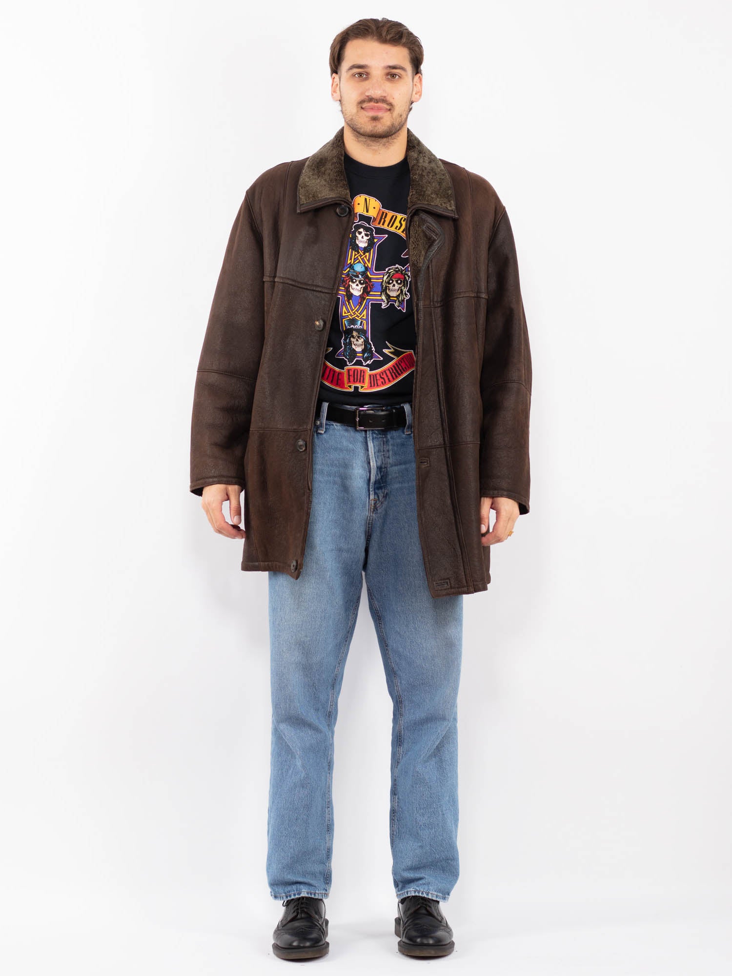 Vintage 80's Men Sheepskin Leather Coat in Brown by Northern Grip