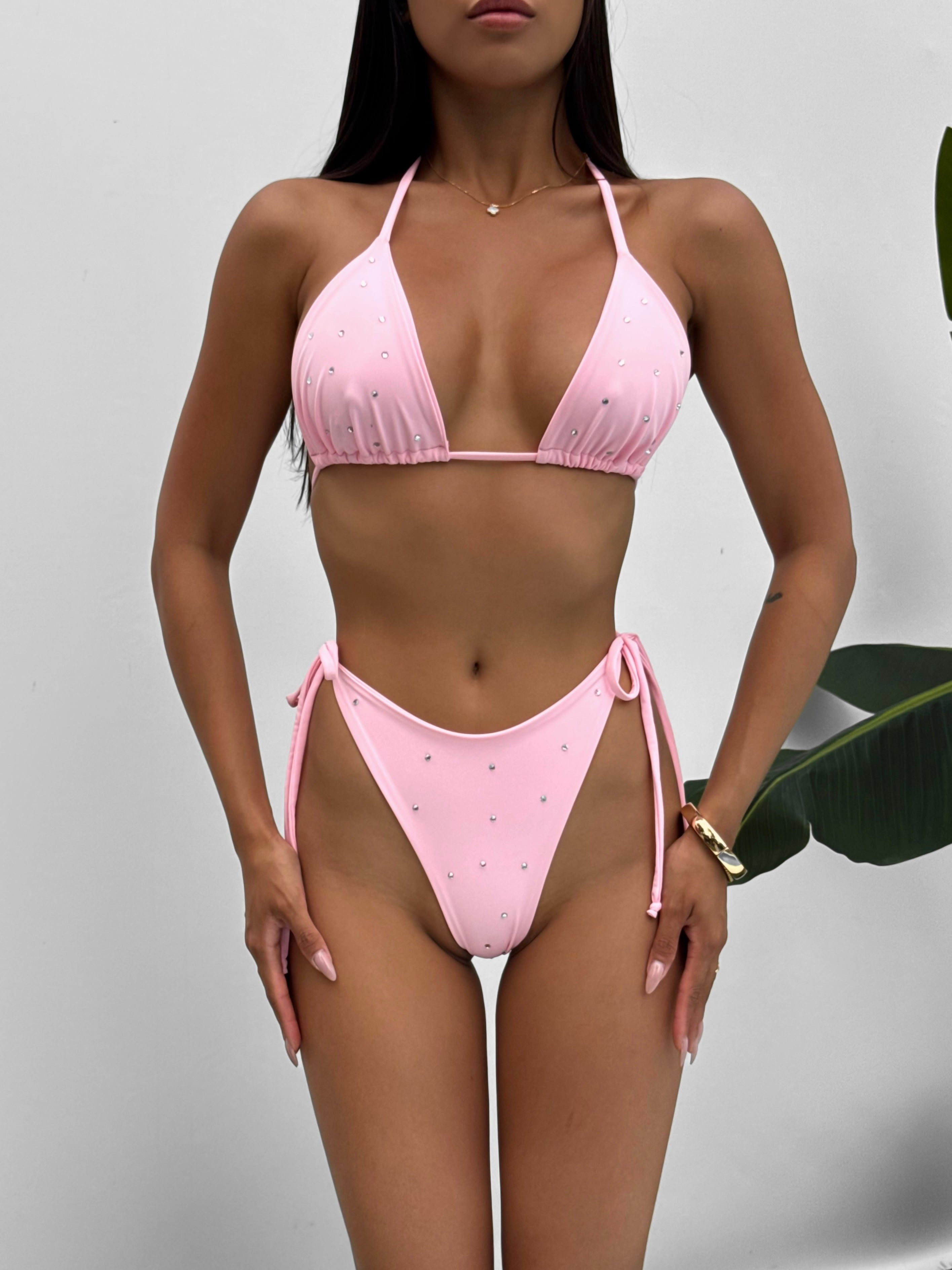 Luna Rhinestone Triangle Bikini Set in Pink by MERIEL