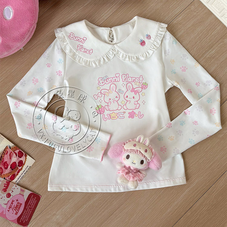 Decora Kei Strawberry Bunny Doll Collar Tee - Bunny Planet by Land Decora