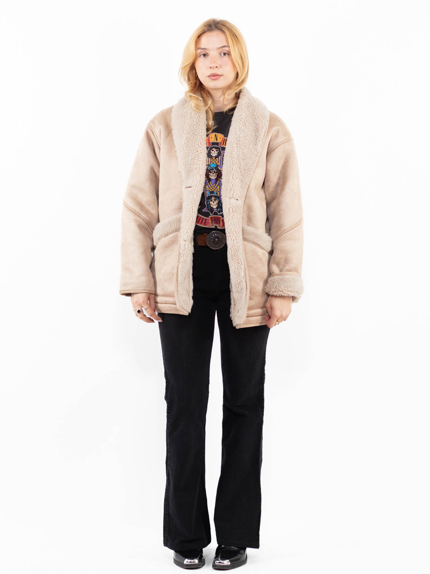 Vintage 00's Women Faux Sheepskin Coat in Beige by Northern Grip
