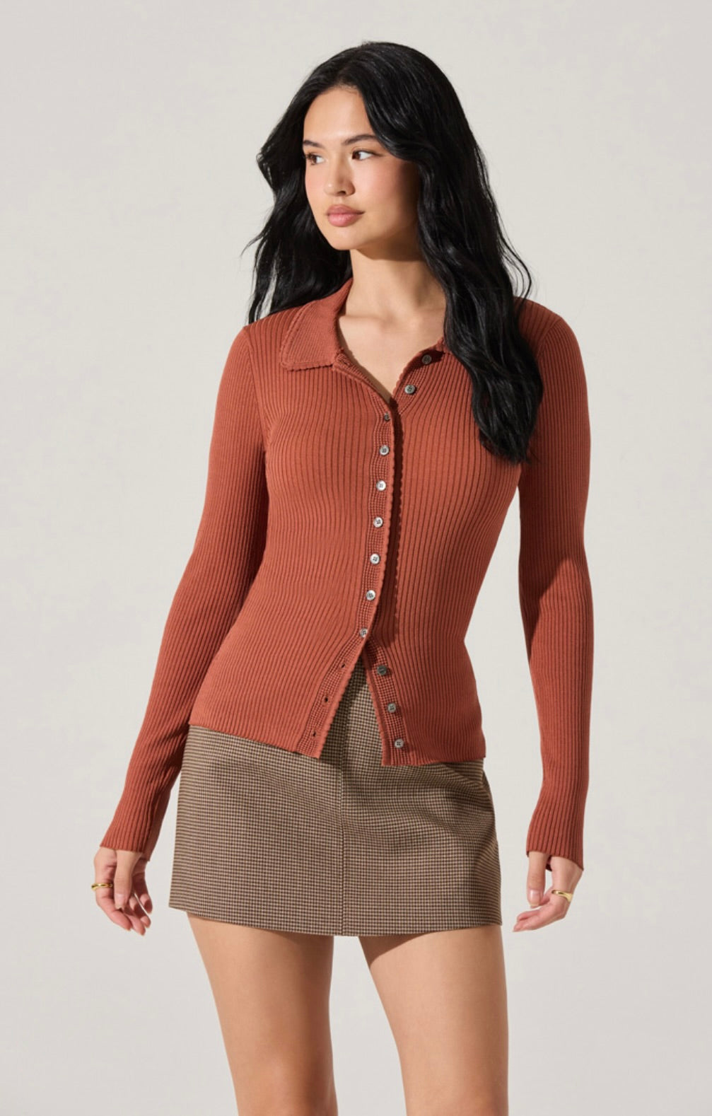 Keren Collared Ribbed Knit Cardigan in Rust by Sierra Deene