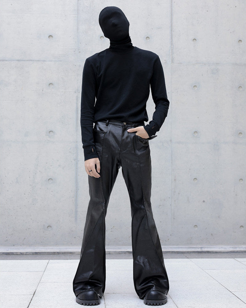 Black Waxed Flare Leather Pants by OFFCULTURE