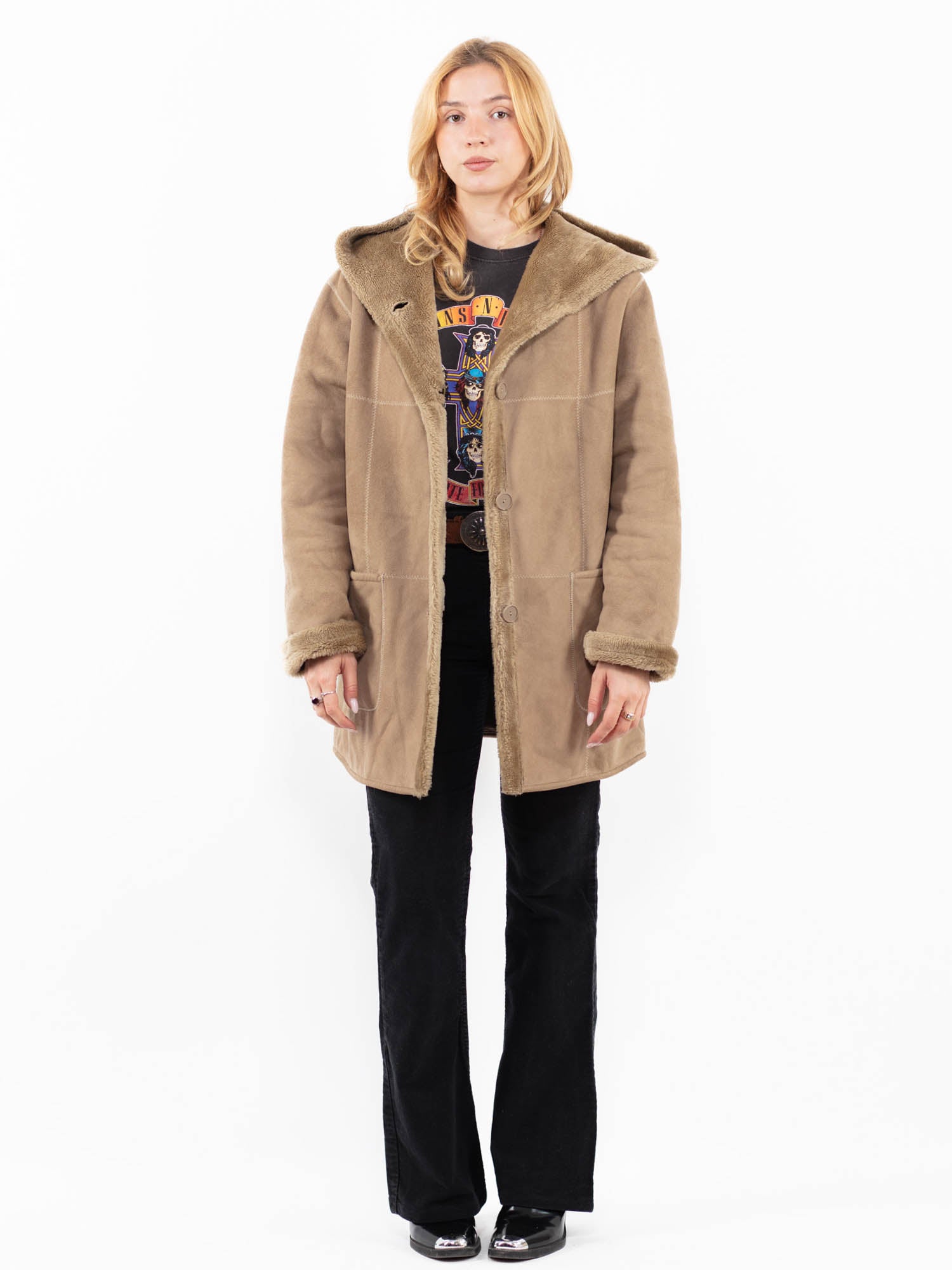 Vintage 90's Women Faux Sheepskin Coat in Beige by Northern Grip