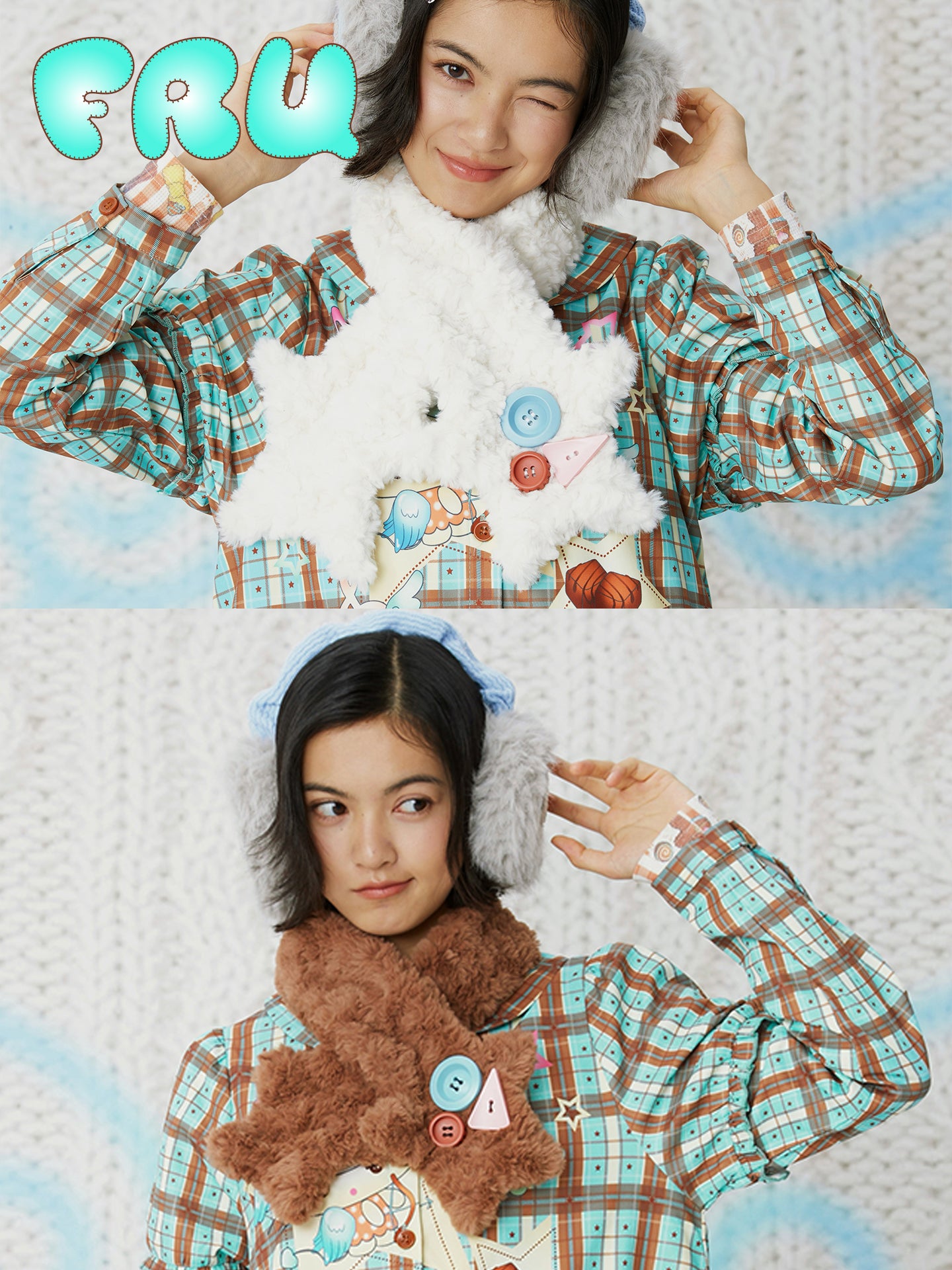 Y2K Star Plush Scarf - Two-Tone Cozy Lambswool - frufru by Land Decora