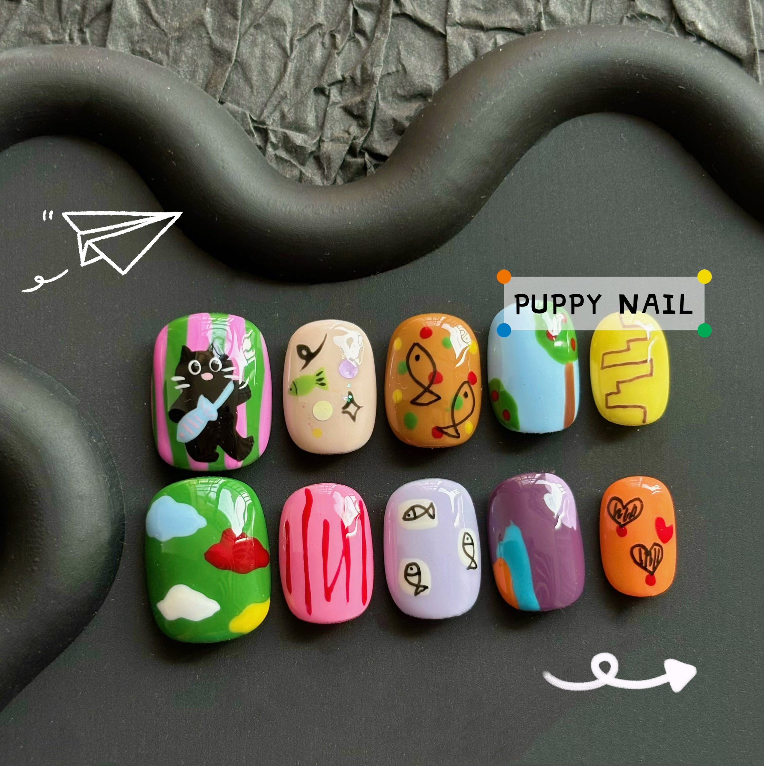 Puppy Cat Fishing Hand-Painted Cute Cartoon Nails | Custom Wearable Brightening Nail Art by Land Decora