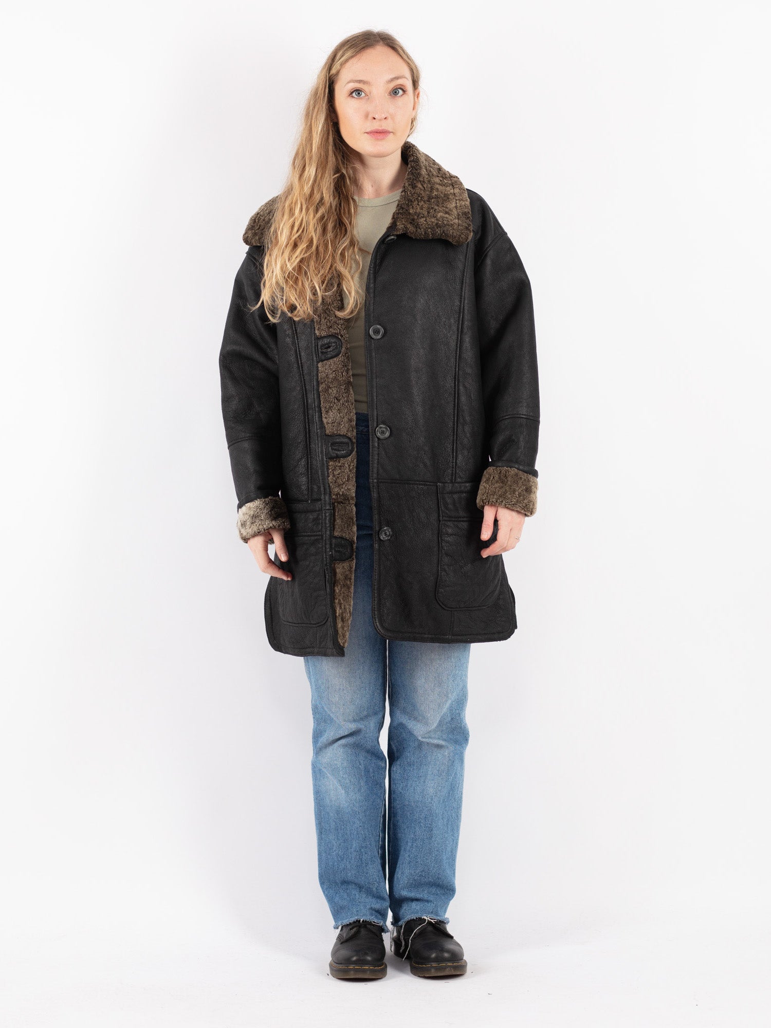 Vintage 90's Women Oversized Sheepskin Coat in Black by Northern Grip