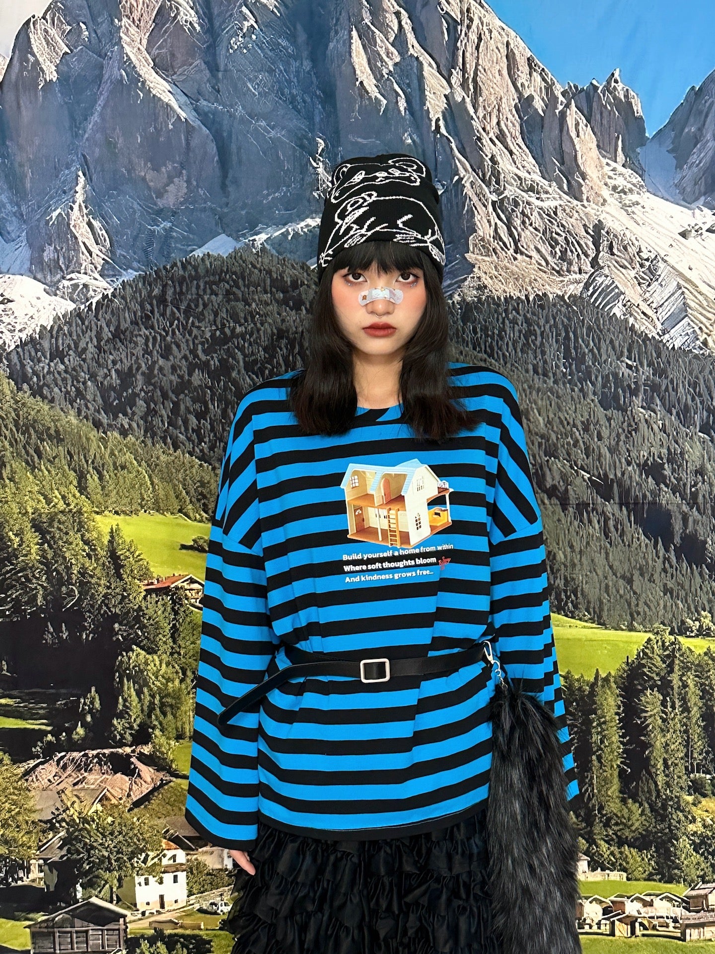 Y2K Oversize Long Sleeve T Shirt Blue Black Stripes - BunnyBunnyGun by Land Decora