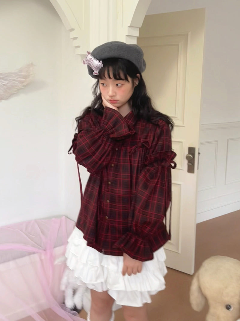 Harajuku Daytoday Everyday Institute Bow Puff Sleeve Red Plaid Shirt by Land Decora