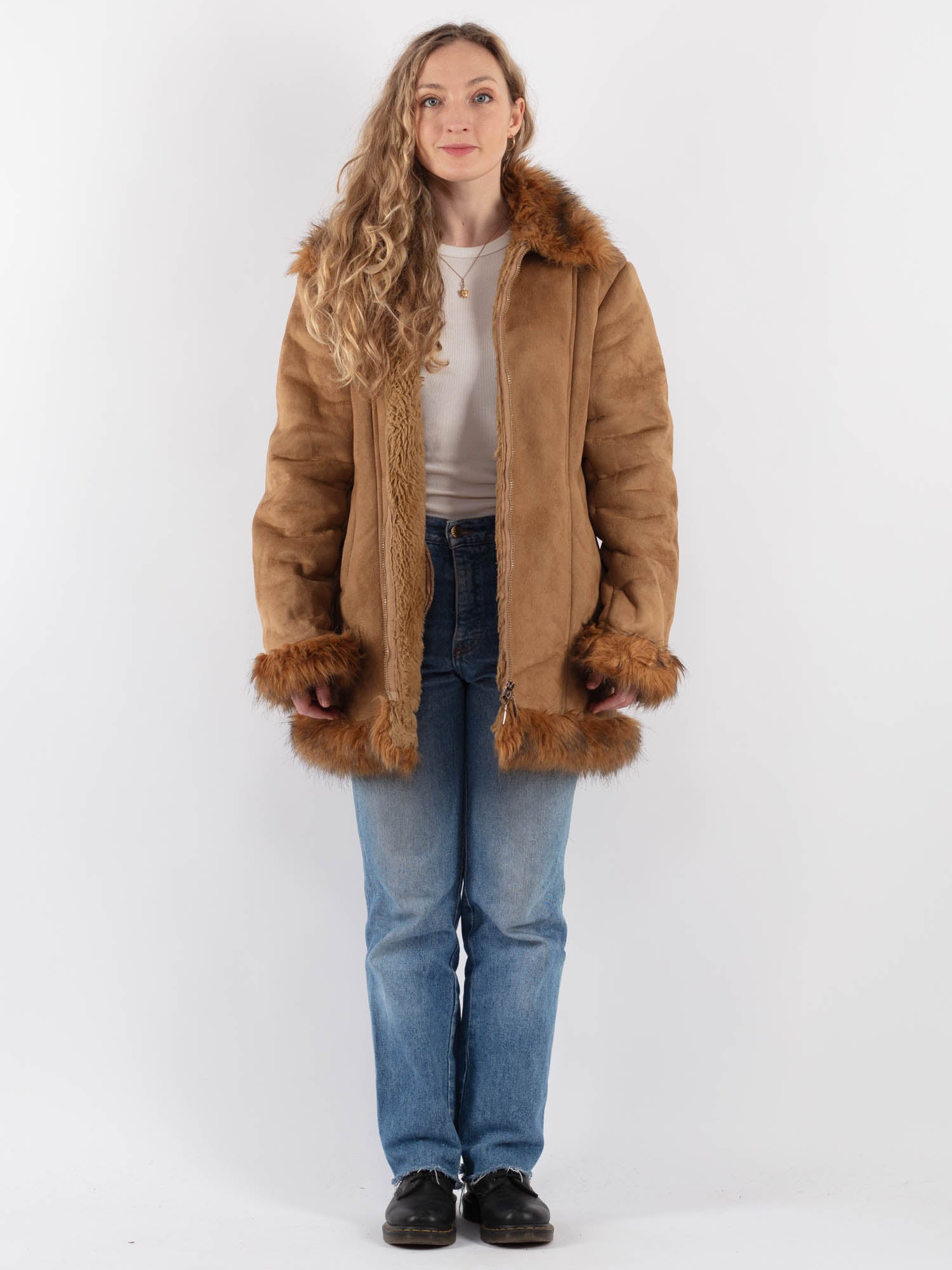 Vintage 90's Women Faux Sheepskin Coat in Beige by Northern Grip