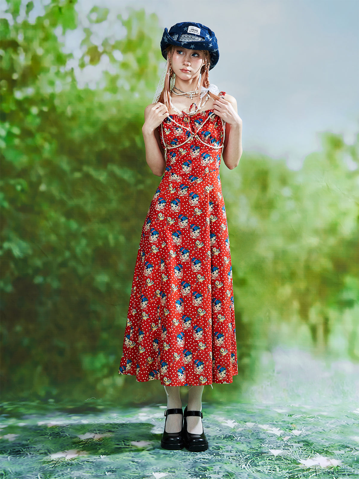 SOS MEME CLUB Showa Retro Red Long Dress – 100% Cotton Vintage Style by Land Decora
