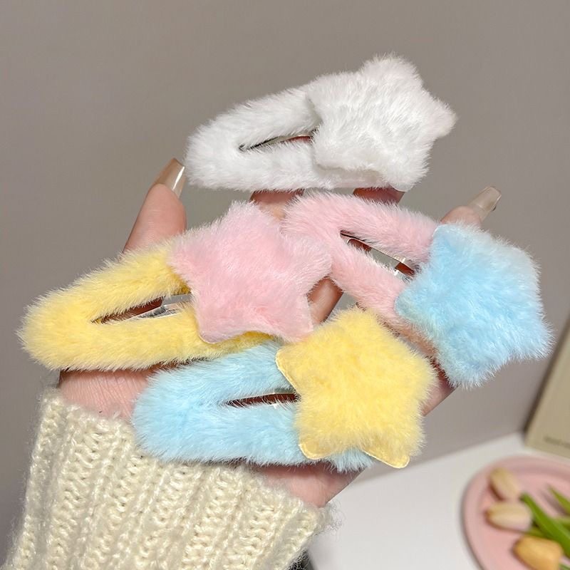 Kawaii Fluffy Star Hair Clips Set - Cozy Accessories by Land Decora