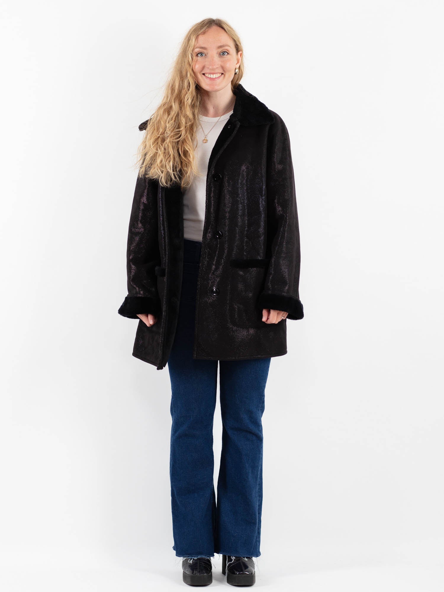 Vintage 90's Women Faux Sheepskin Coat in Black by Northern Grip