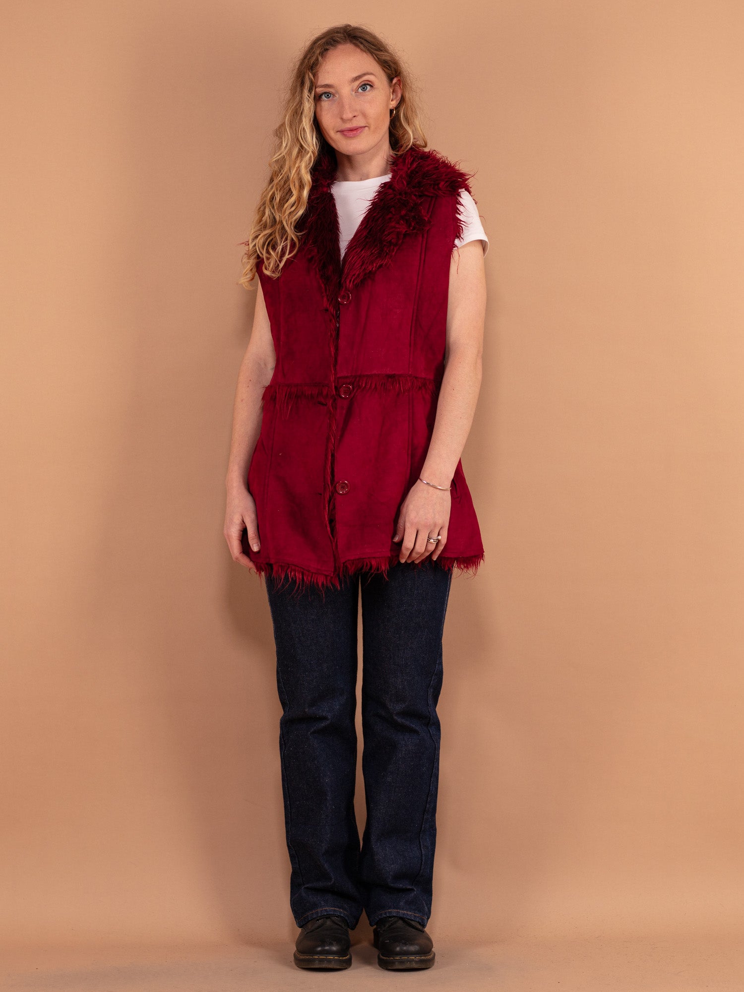 Vintage 00's Women Faux Fur Lined Vest in Burgundy Red by Northern Grip
