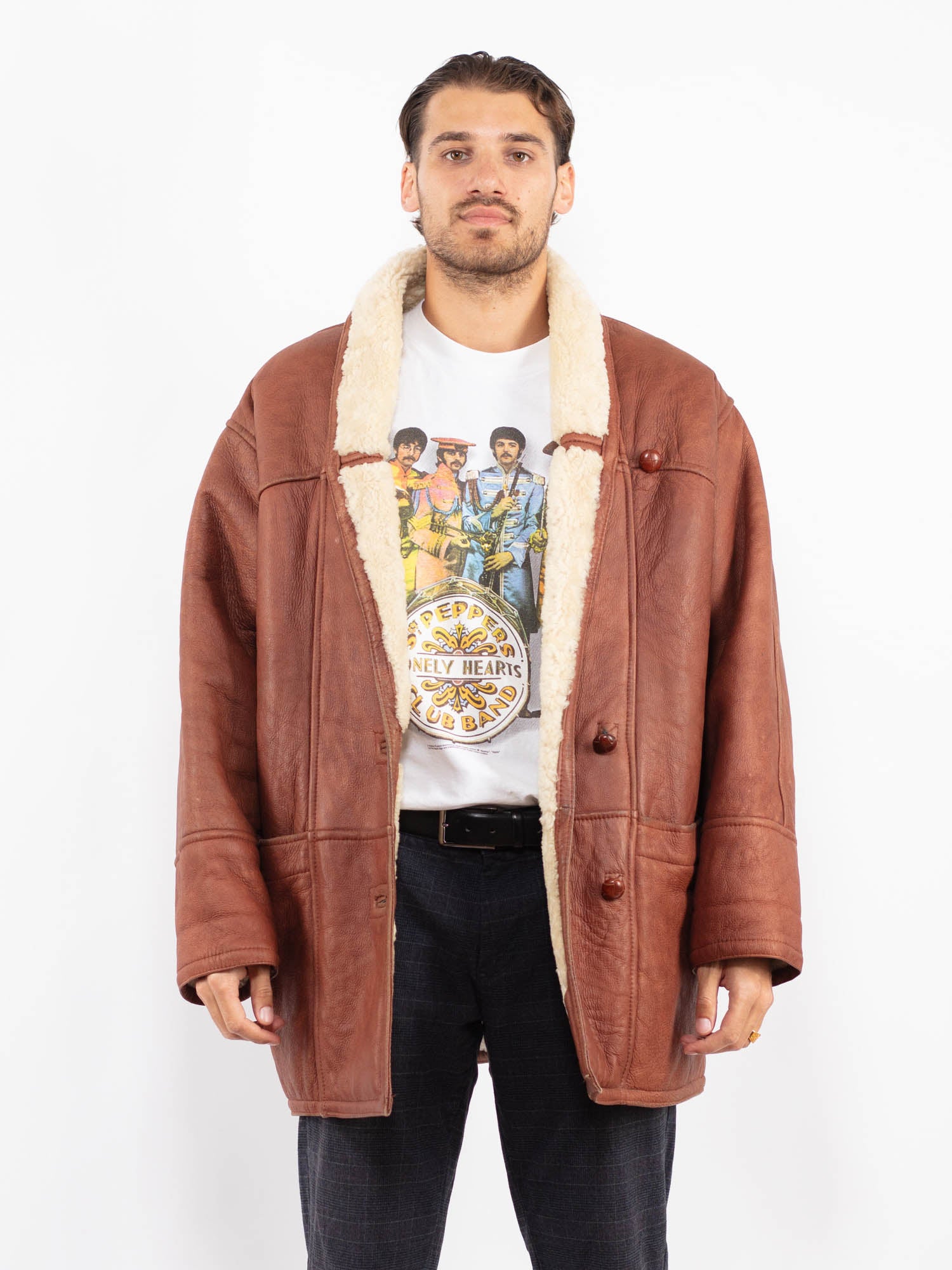 Vintage 80's Men Sheepskin Coat in Brown by Northern Grip