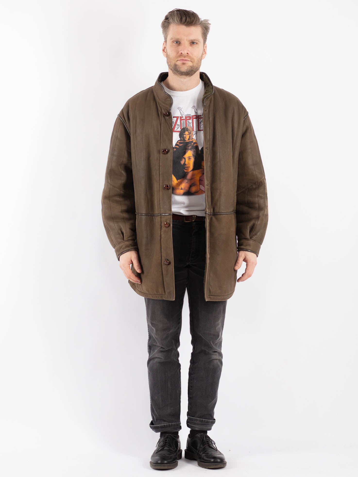Vintage 80's Men Sheepskin Coat in Brown by Northern Grip