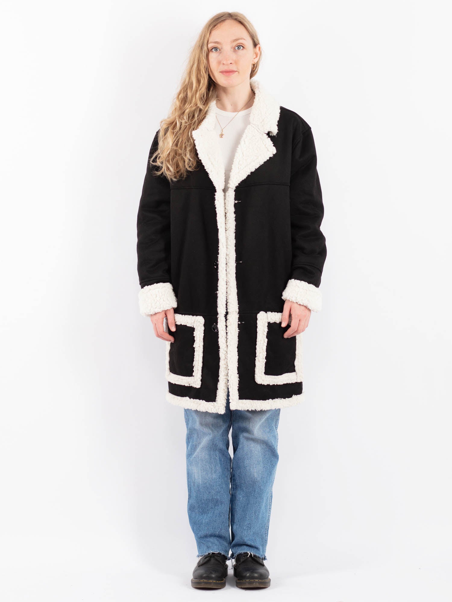 Vintage 90's Women Faux Sheepskin Coat in Black by Northern Grip