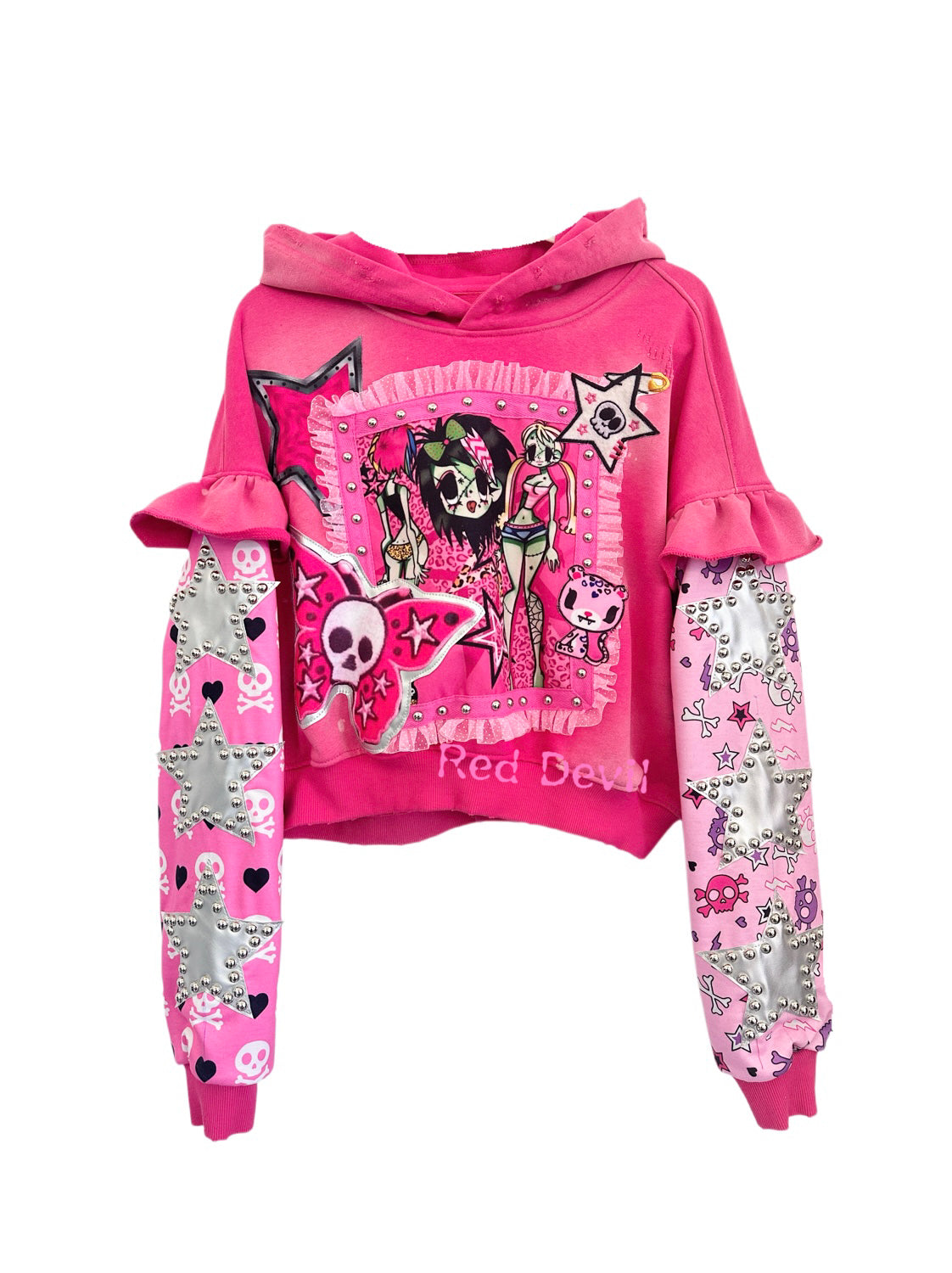 Red Devil Hoodie Decora Kei Hoodie Pink Distressed Hood Ruffle Sleeve by Land Decora