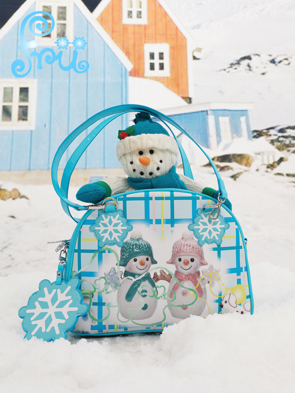 Frufru Snow Farm PU Shoulder Bag | Double-Sided Snowman Print | Decora by Land Decora