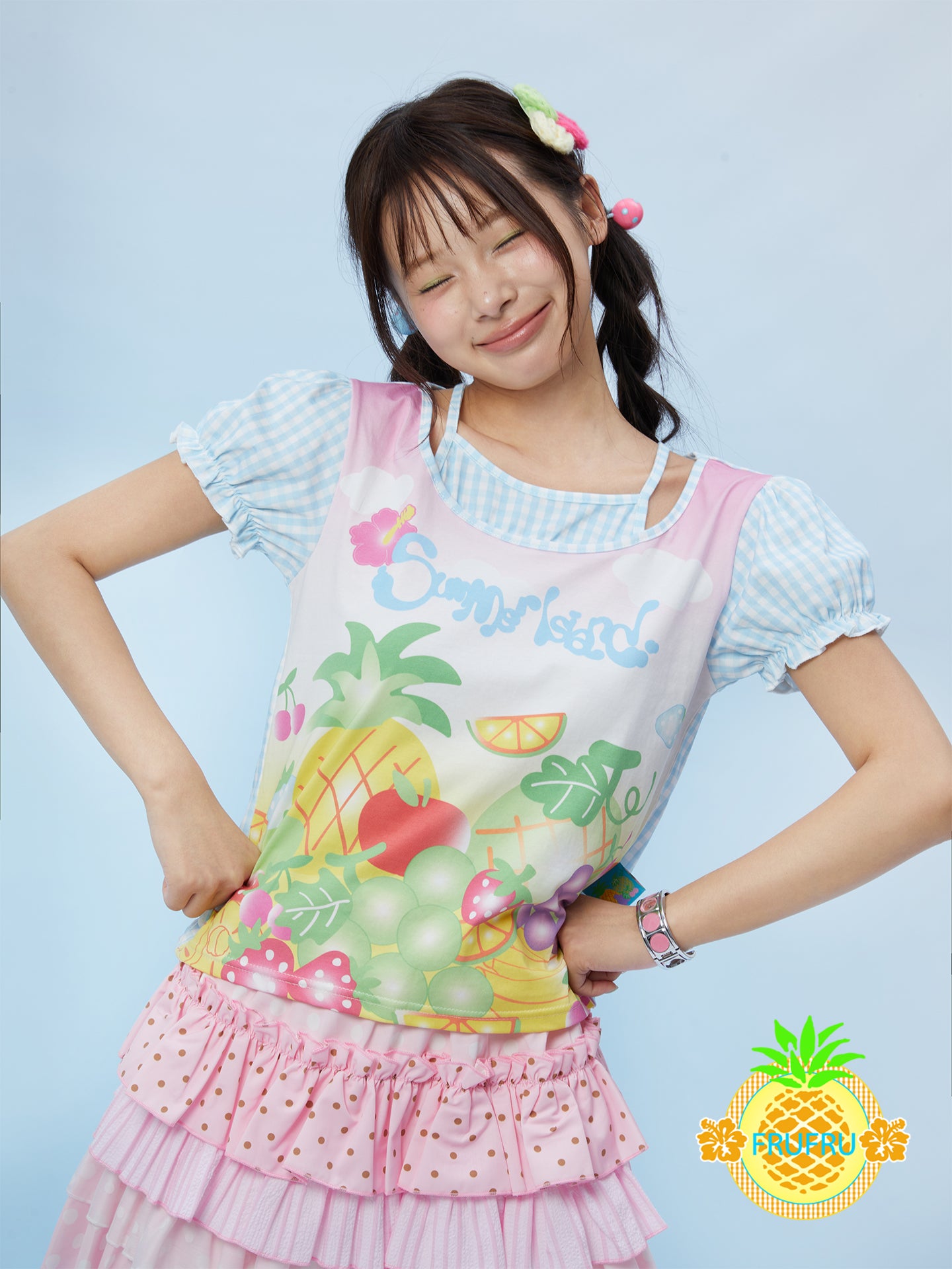 Frufru Fruity Gingham Print T-Shirt | Kawaii Cotton Tee by Land Decora