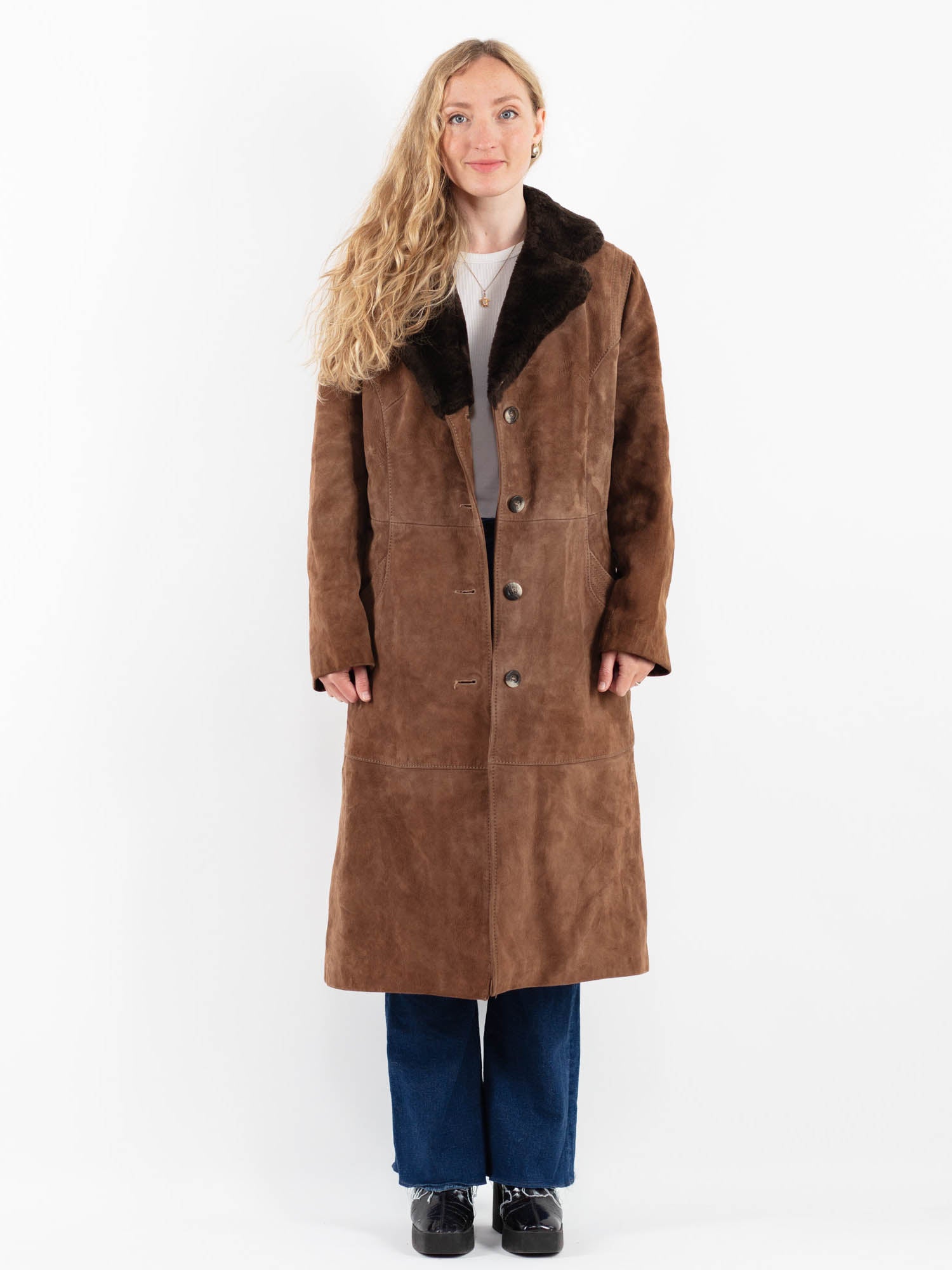 Vintage 70's Women Suede Sherpa Coat in Brown by Northern Grip
