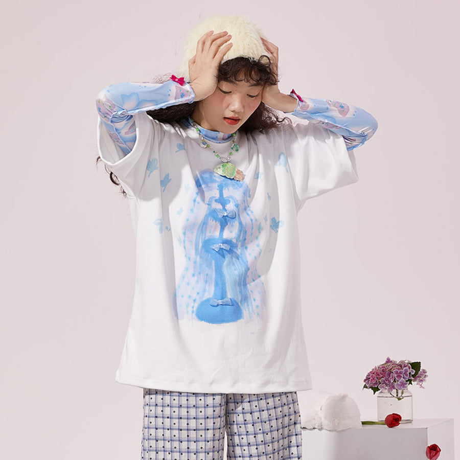 Harajuku T-Shirt White Blue Cotton Knit Loose Casual Moon Meadow by Land Decora
