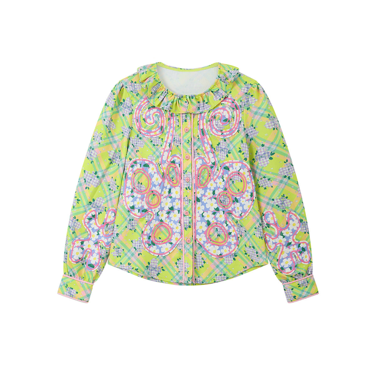 Kawaii Green Butterfly Floral Plaid Shirt - Applique Embroidered Blouse - tntntutu by Land Decora