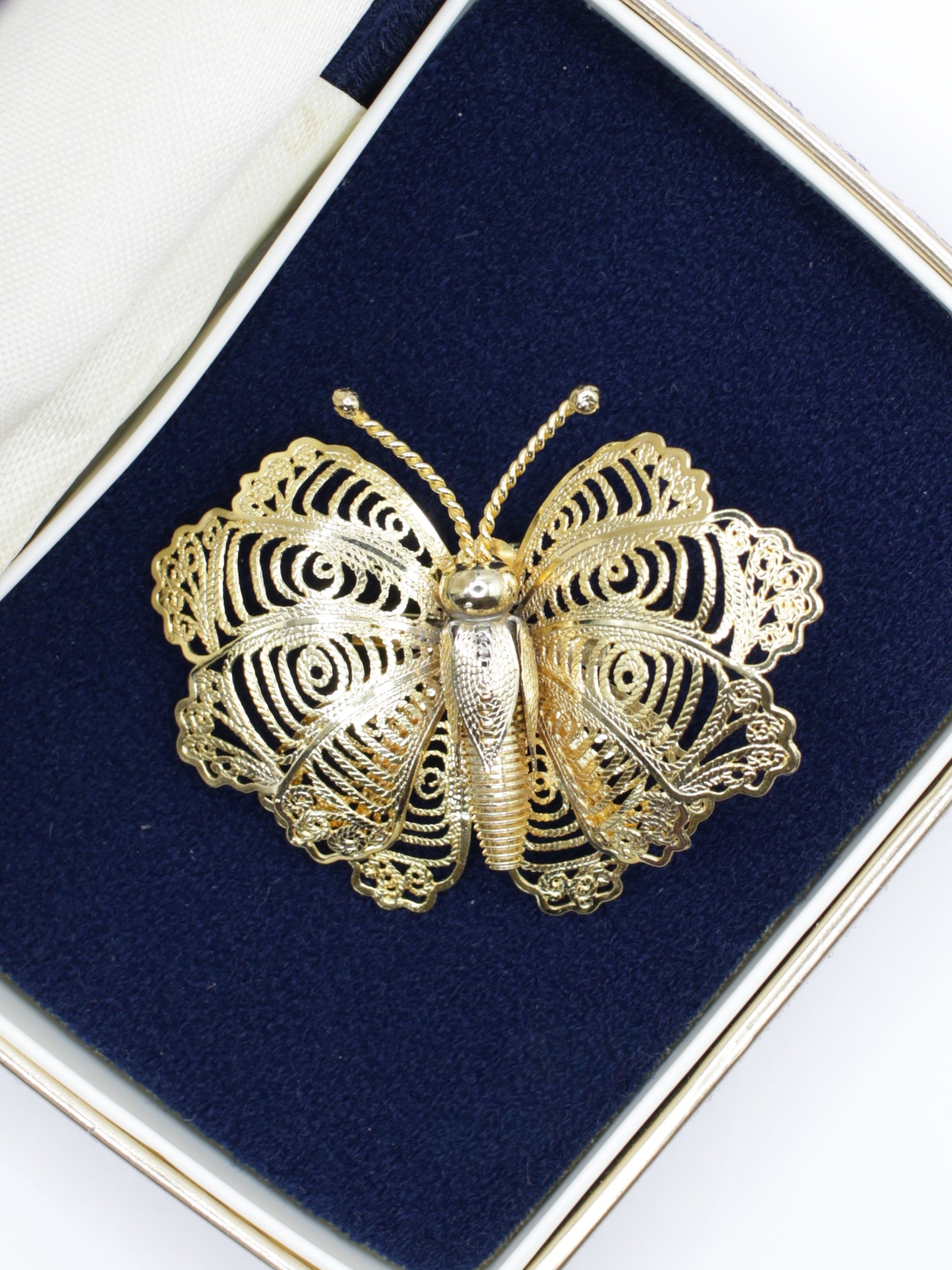 Vintage 70's Gold Tone Filigree Butterfly Brooch by Northern Grip