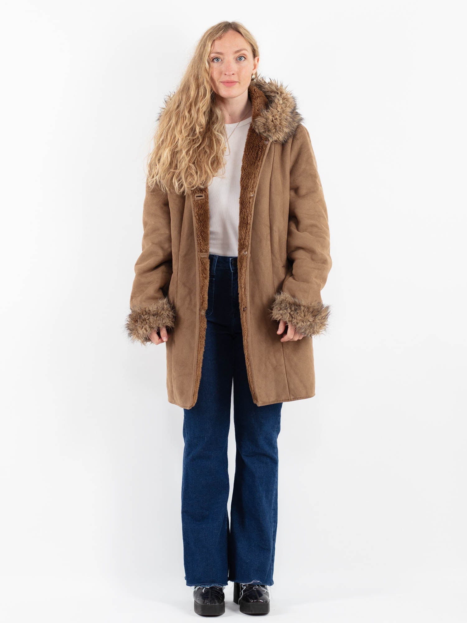Vintage 00's Penny Lane Faux Sheepskin Coat in Beige by Northern Grip