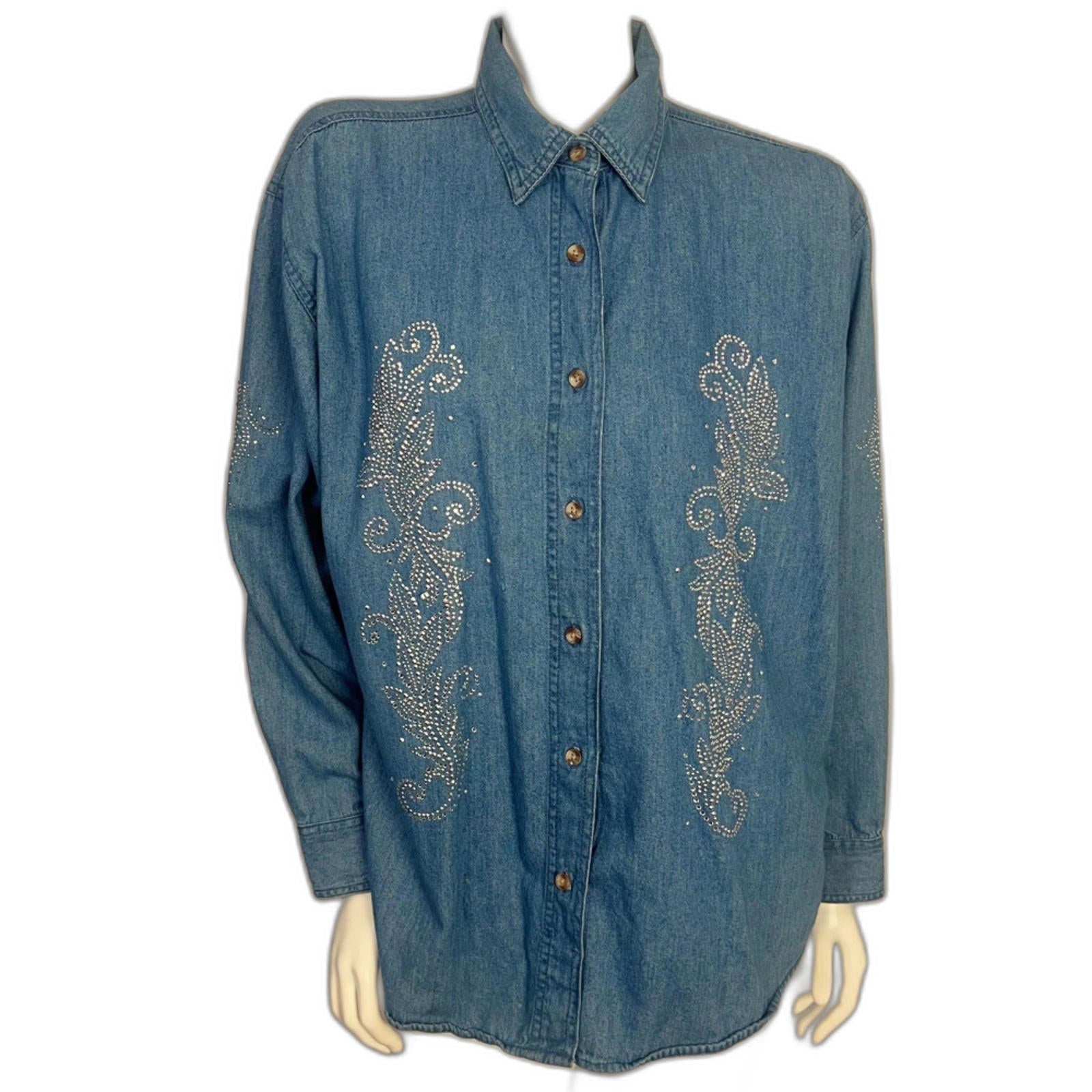 Vintage La Sha Denim Button Up Shirt Rhinestones Western Country Women by Hot Girl Secondhand