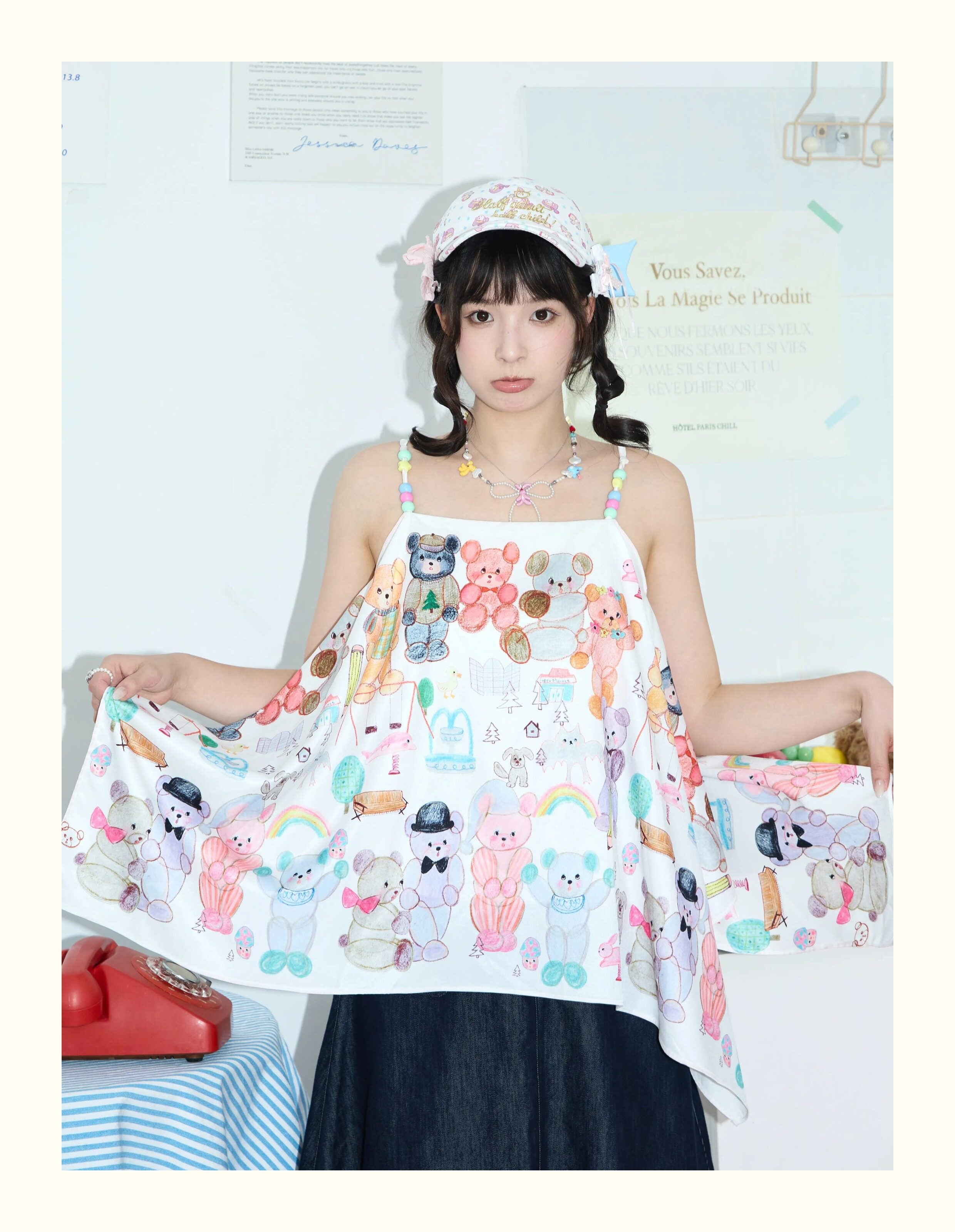 Y2K Bear Print Off-Shoulder Top - Robootoo by Land Decora