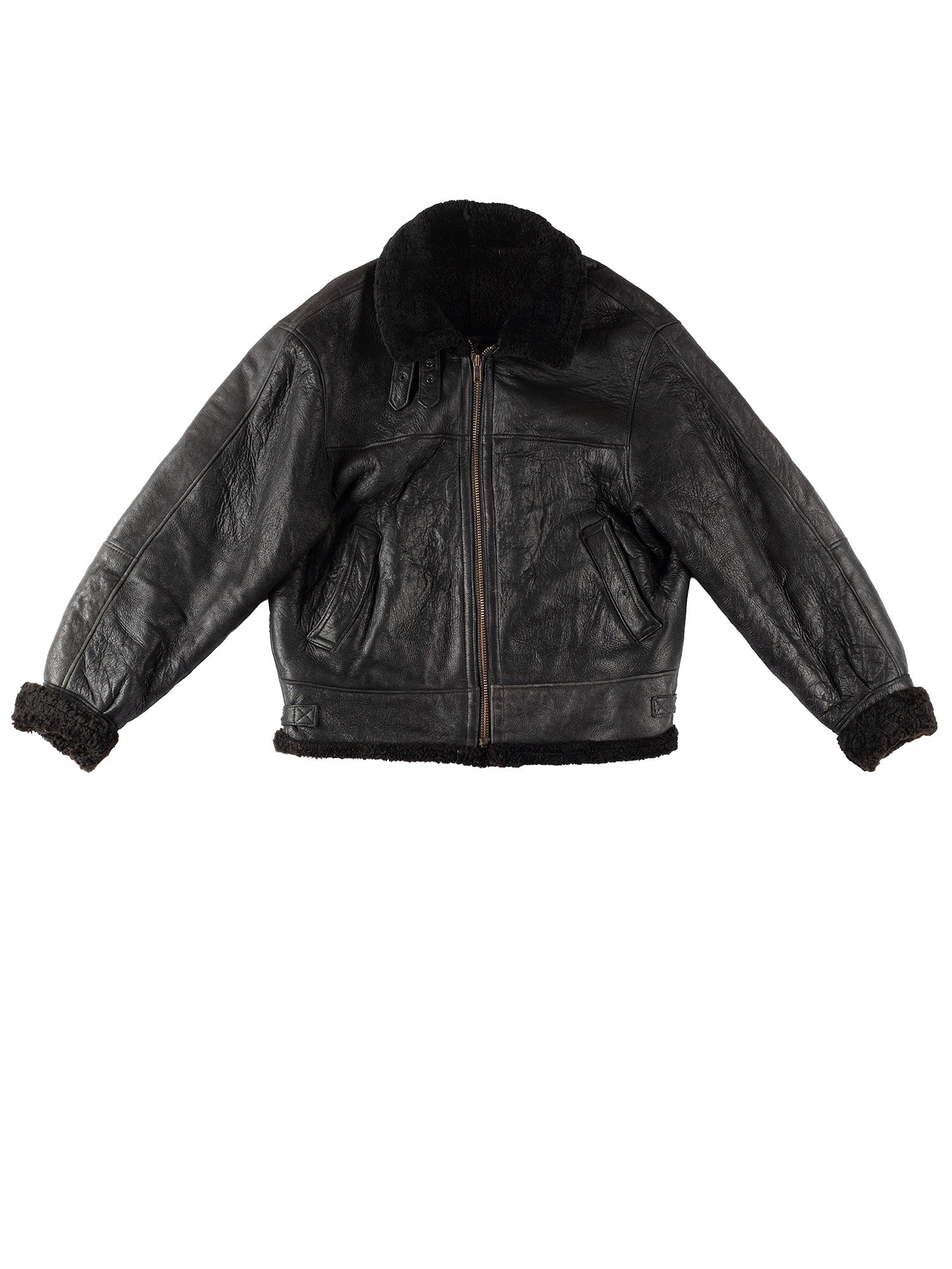 Vintage 90's Men B-3 Style Sheepskin Bomber Aviator Jacket in Black by Northern Grip