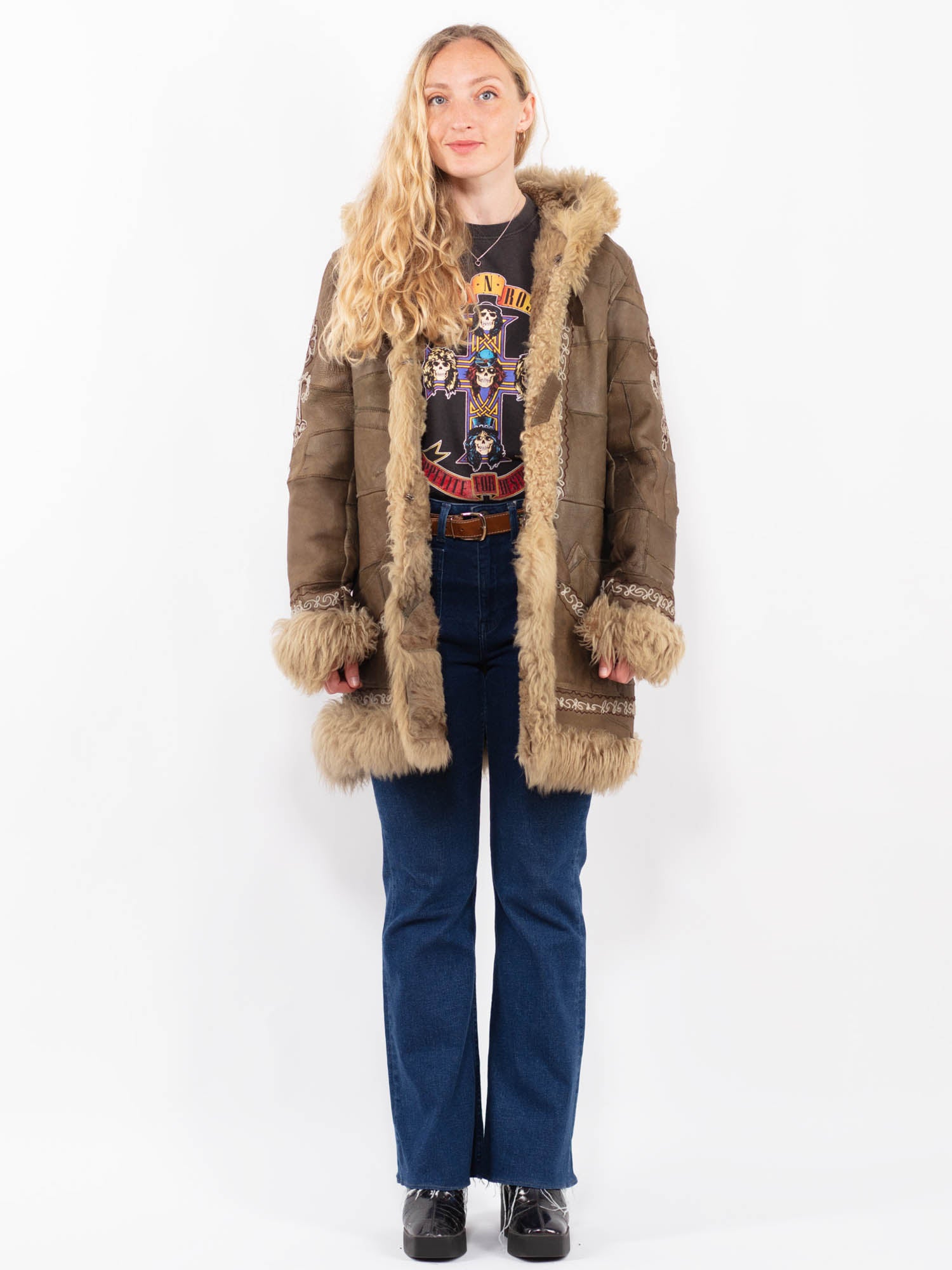 Vintage 70's Leather Sheepskin Shearling Coat Hooded Brown Leather by Northern Grip