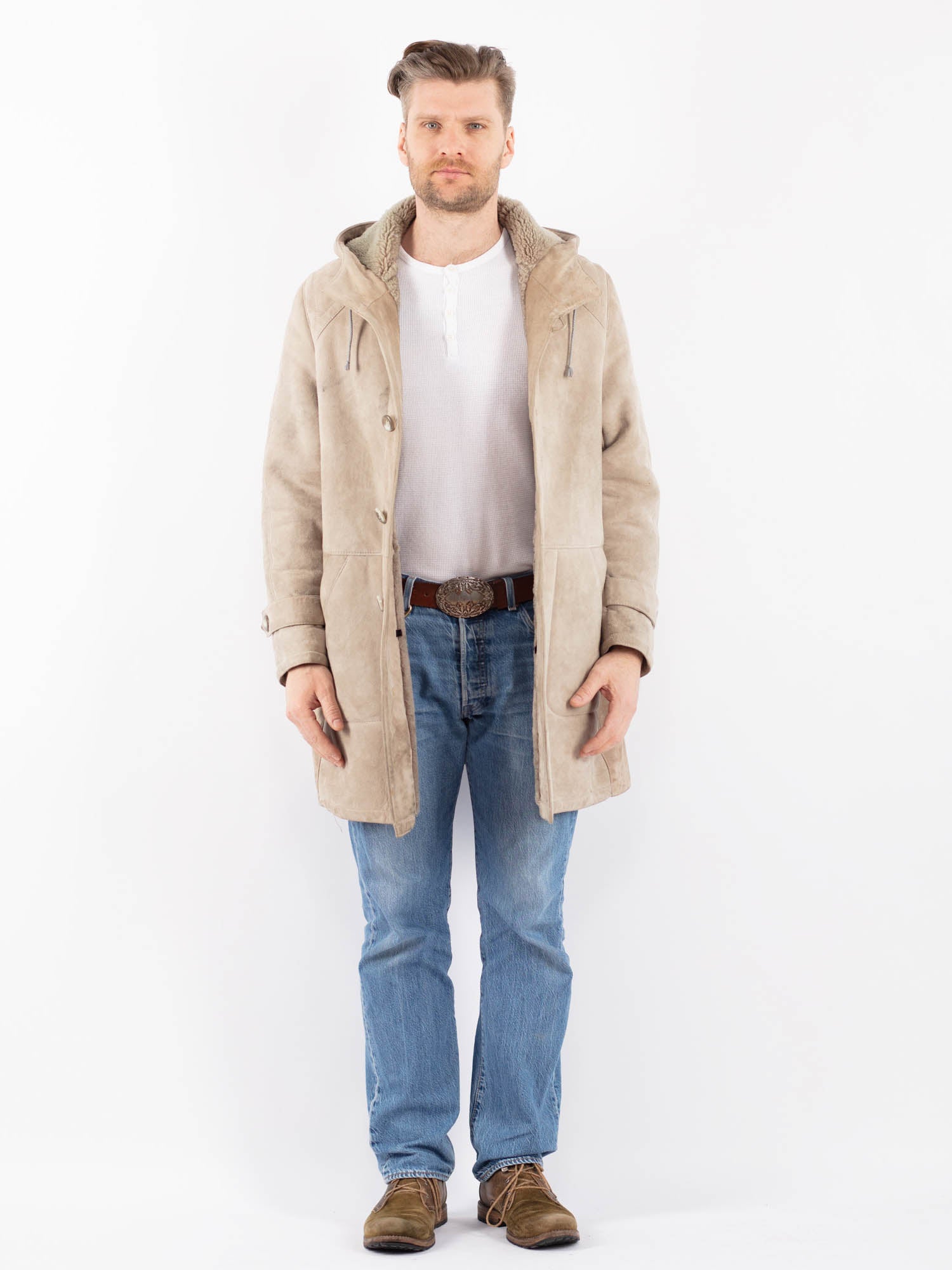 Vintage 90's Men Hooded Sheepskin Coat in Beige by Northern Grip