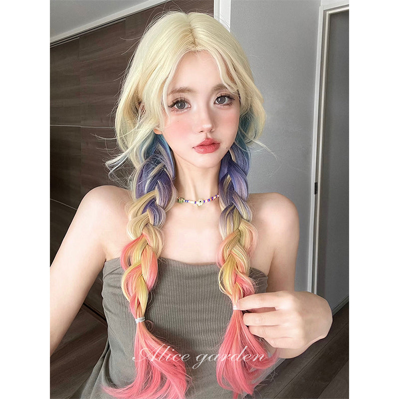 Alice Garden Harajuku Style Dopamine Wig – Rainbow Gradient Long Curls by Land Decora