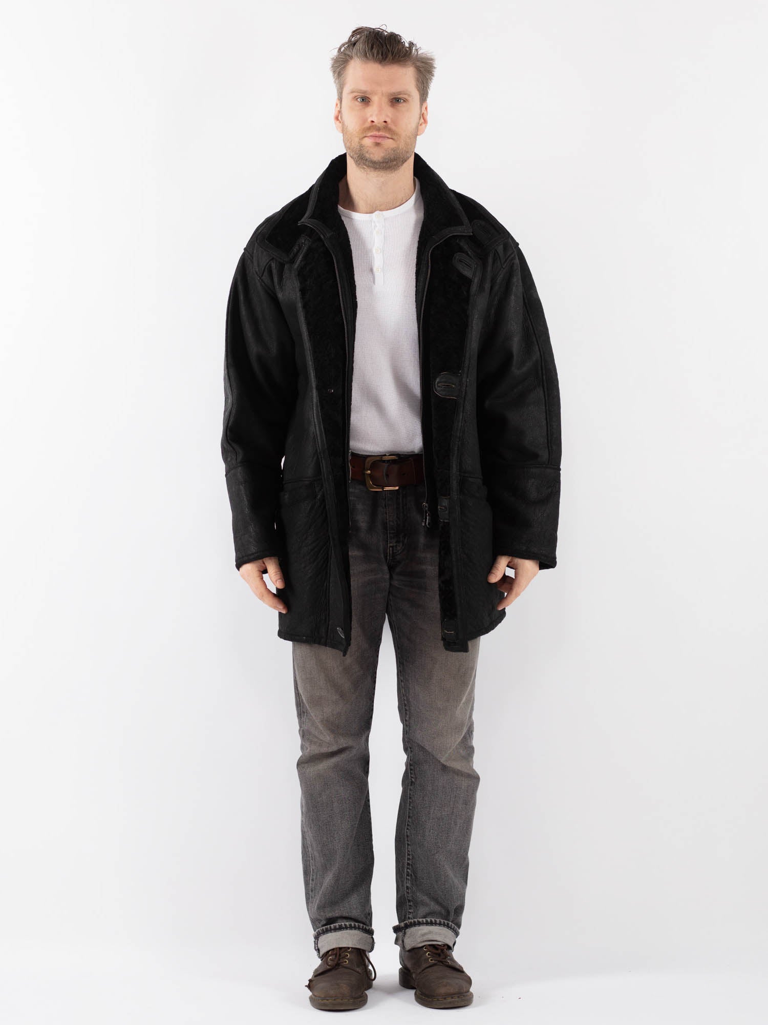 Vintage 90's Men Sheepskin Coat in Black by Northern Grip